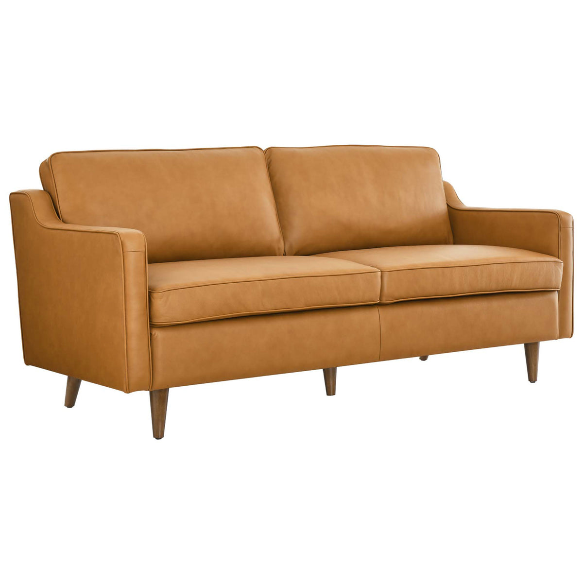Mid-century inspired tan leather sofa with gently sloped arms and tailored cushions on slim wood legs || EEI-5553-TAN || front_angle_studio