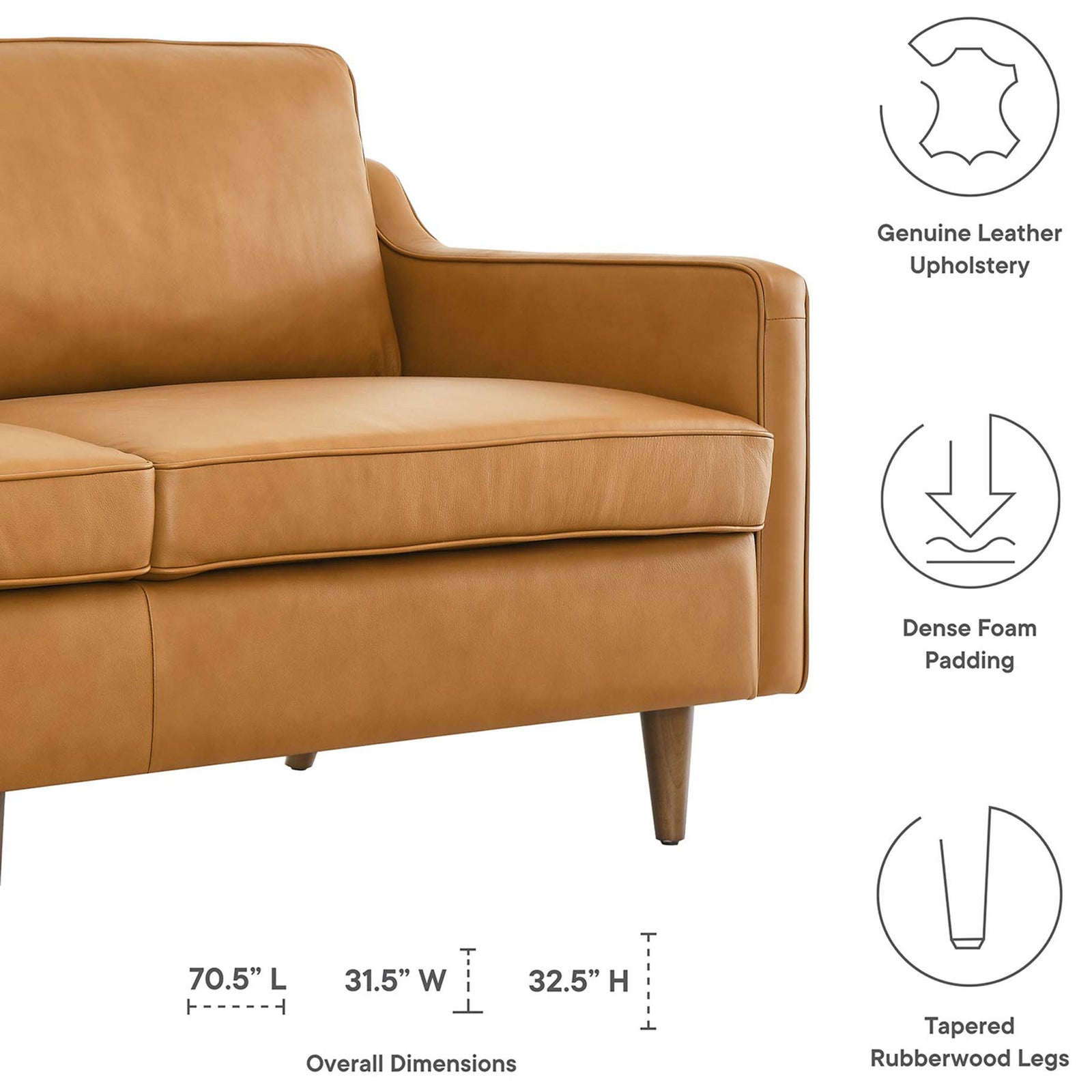 Tan leather sofa corner with callouts for genuine leather, dense foam padding, and tapered rubberwood legs || EEI-5553-TAN || dimension_studio