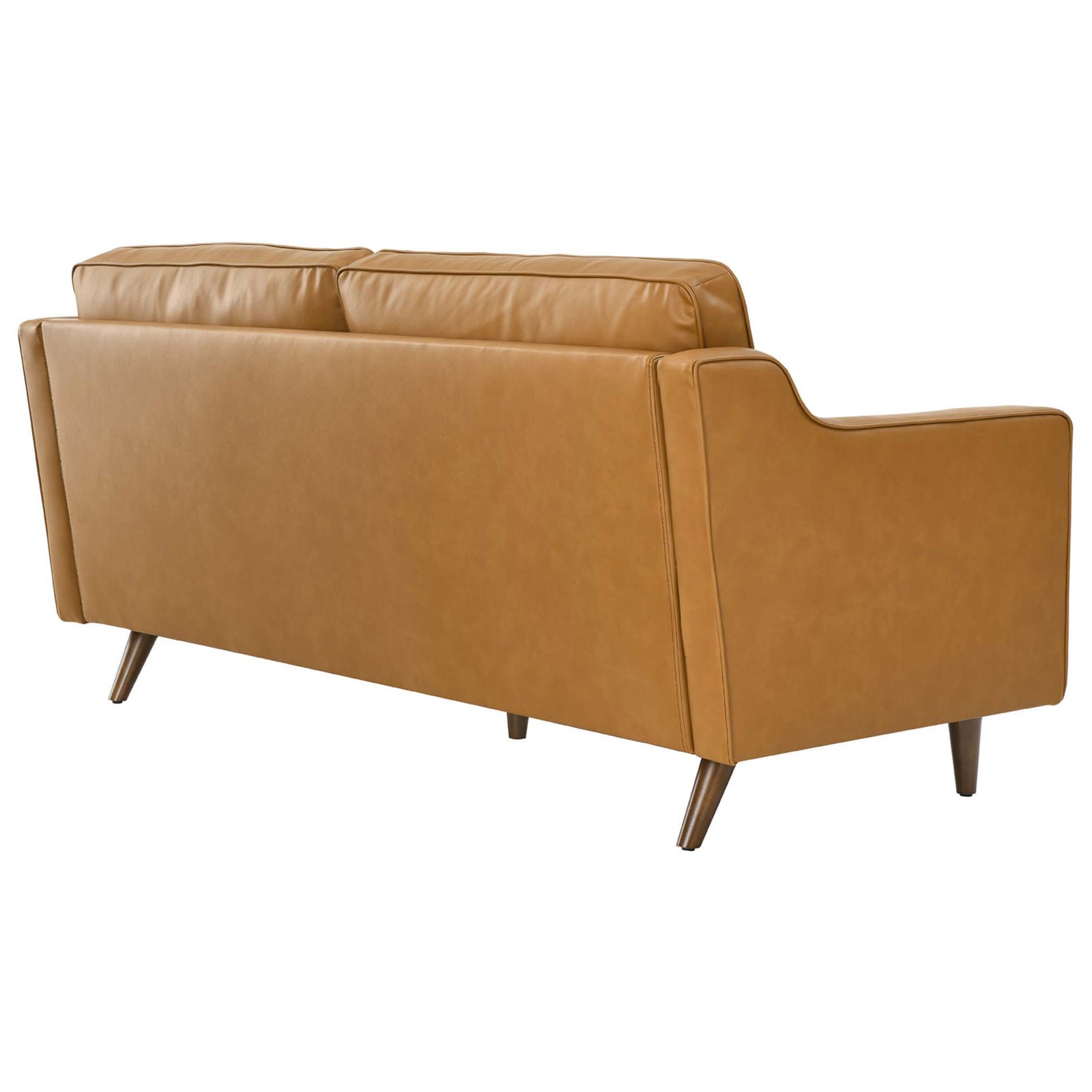 Back of tan leather sofa with smooth cushions and tapered walnut legs for a polished finish || EEI-5553-TAN || back_angle_studio