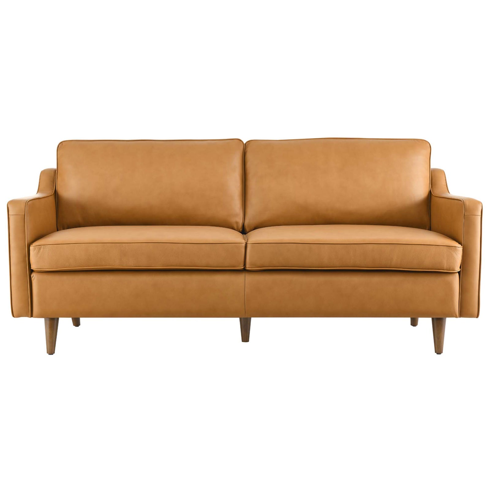 Tan genuine leather sofa with clean lines, plush cushions, and tapered walnut legs for modern living rooms || EEI-5553-TAN || front_studio