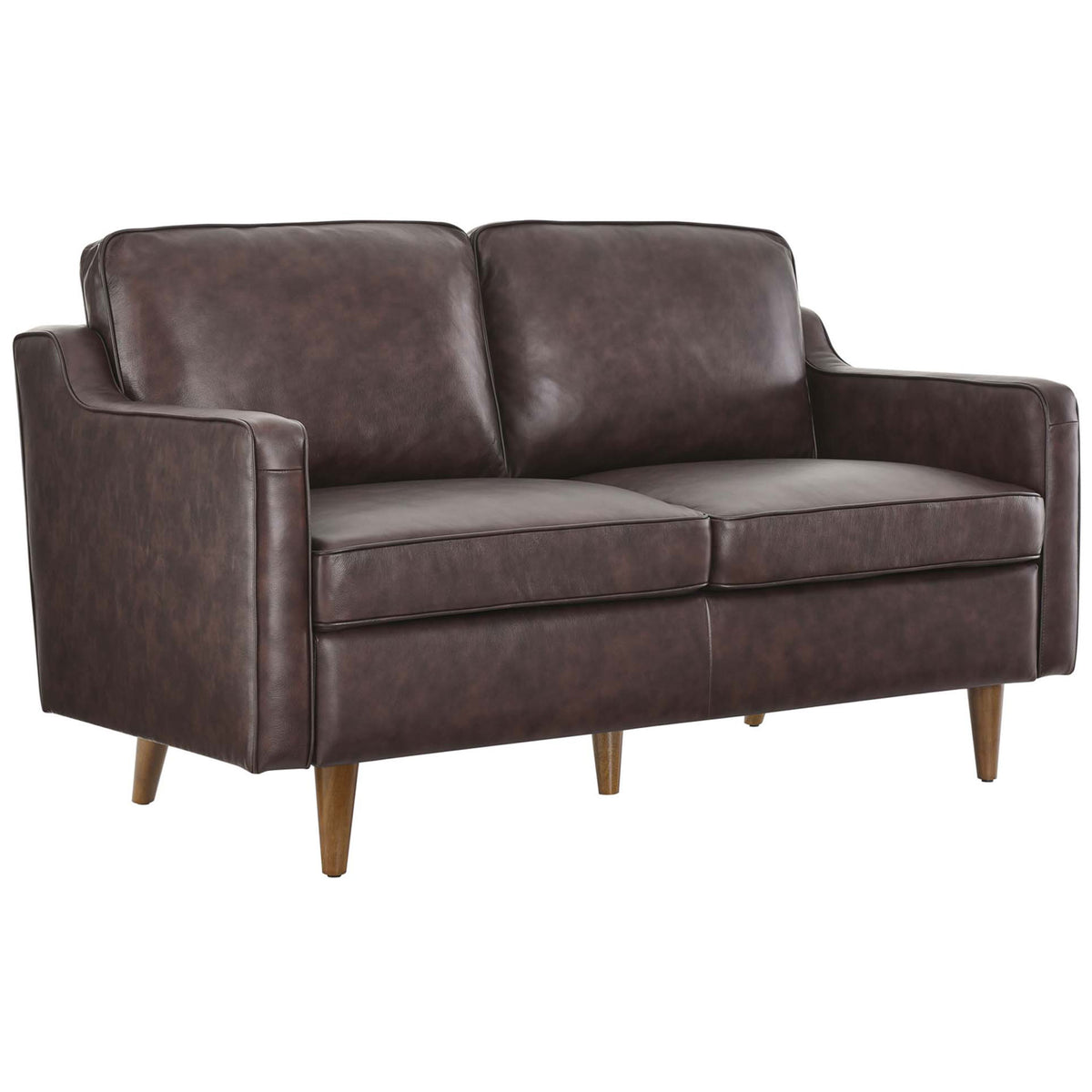Compact brown leather loveseat with gently flared arms and mid-century tapered legs for small-space seating || EEI-5554-BRN || front_angle_studio