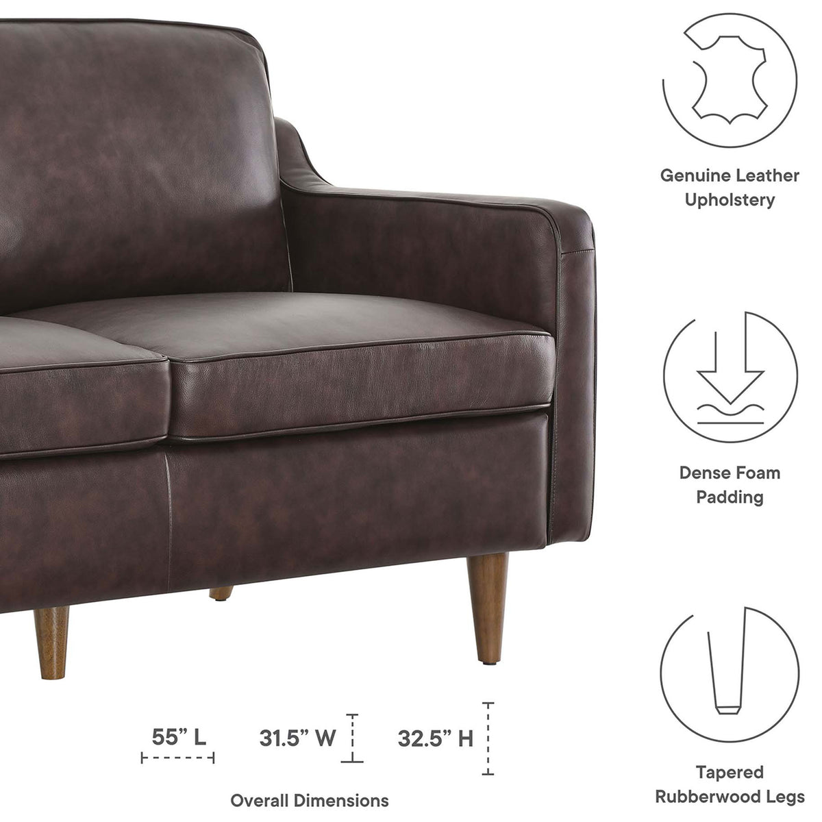 Brown leather loveseat with labeled features and overall dimensions highlighting comfort and craftsmanship || EEI-5554-BRN || dimension_studio