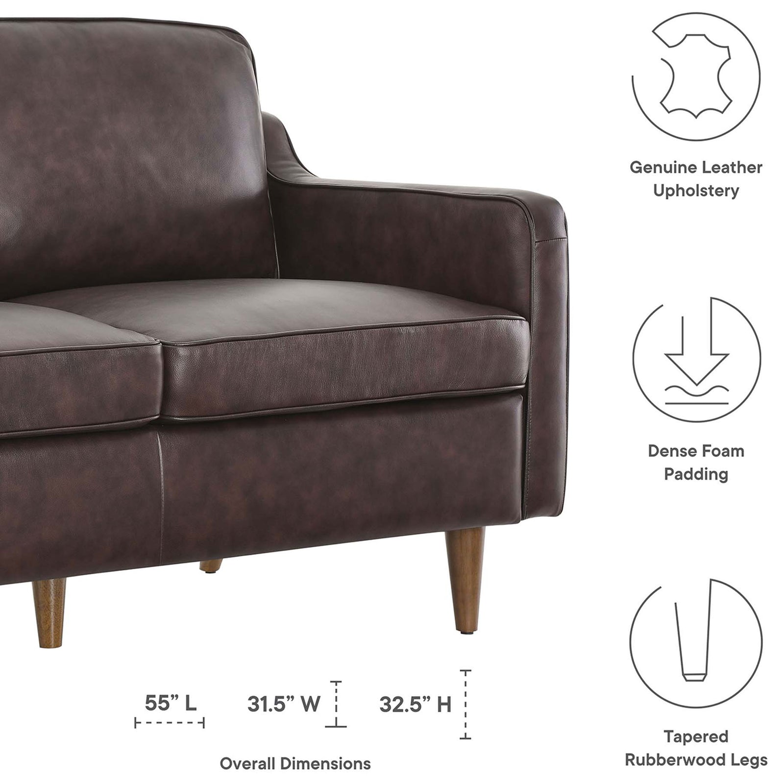 Brown leather loveseat with labeled features and overall dimensions highlighting comfort and craftsmanship || EEI-5554-BRN || dimension_studio