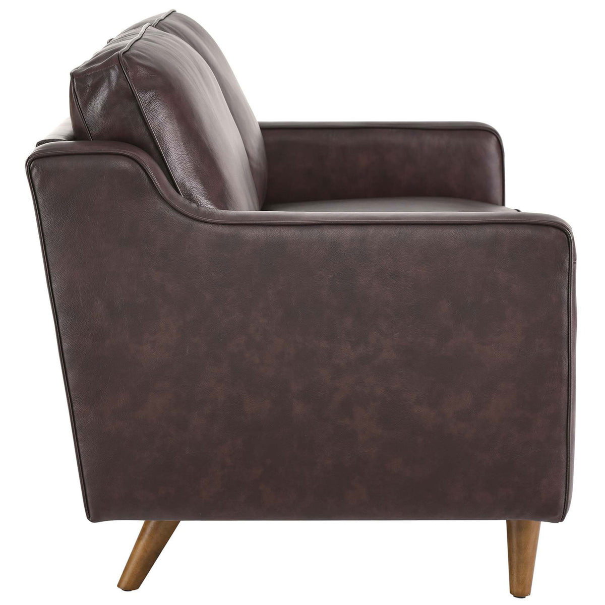 Smooth brown leather loveseat profile showing slim arms, deep seat, and tailored cushions || EEI-5554-BRN || side_studio