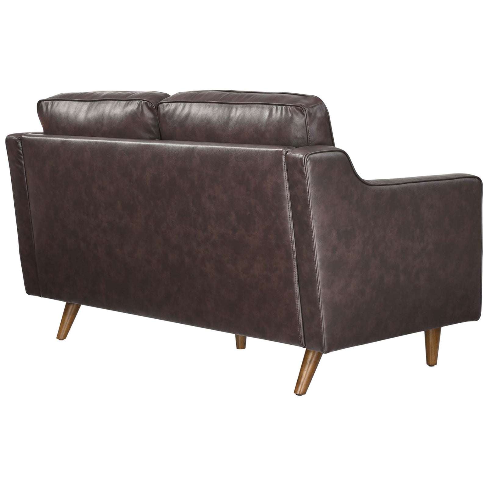 Brown leather loveseat with fully upholstered back and angled wooden legs for a clean modern look || EEI-5554-BRN || back_angle_studio