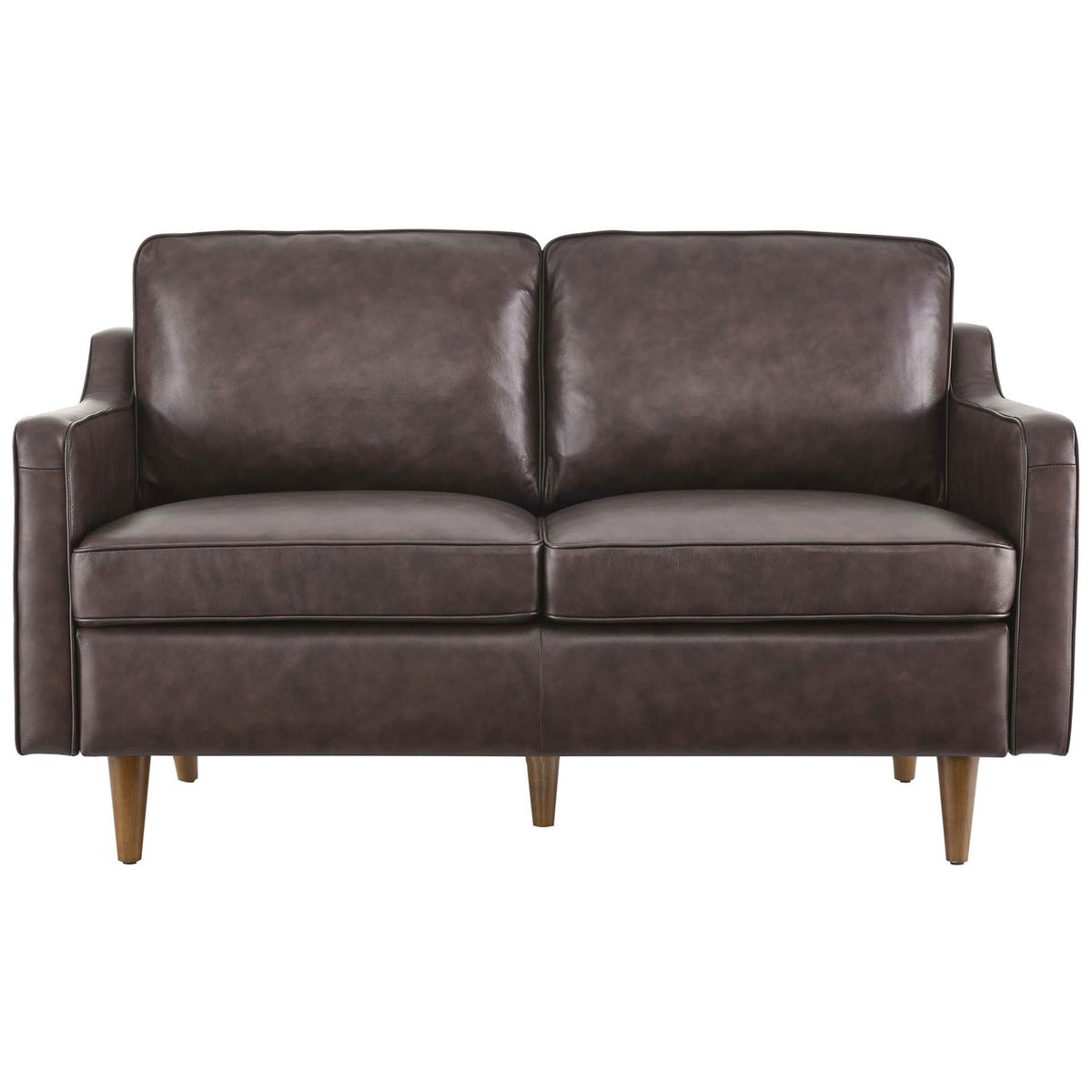 Brown genuine leather loveseat with clean track arms, plush cushions, and tapered walnut legs || EEI-5554-BRN || front_studio