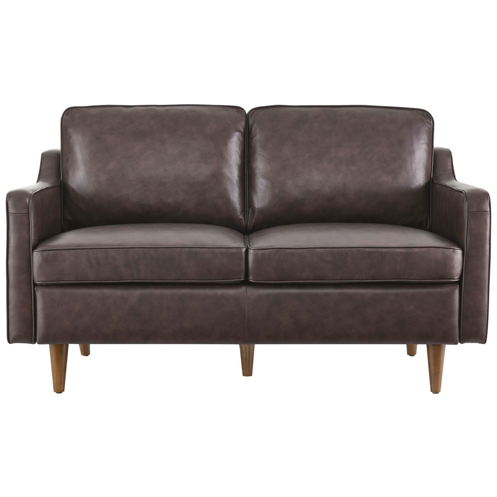 Brown genuine leather loveseat with clean track arms, plush cushions, and tapered walnut legs || EEI-5554-BRN || front_studio