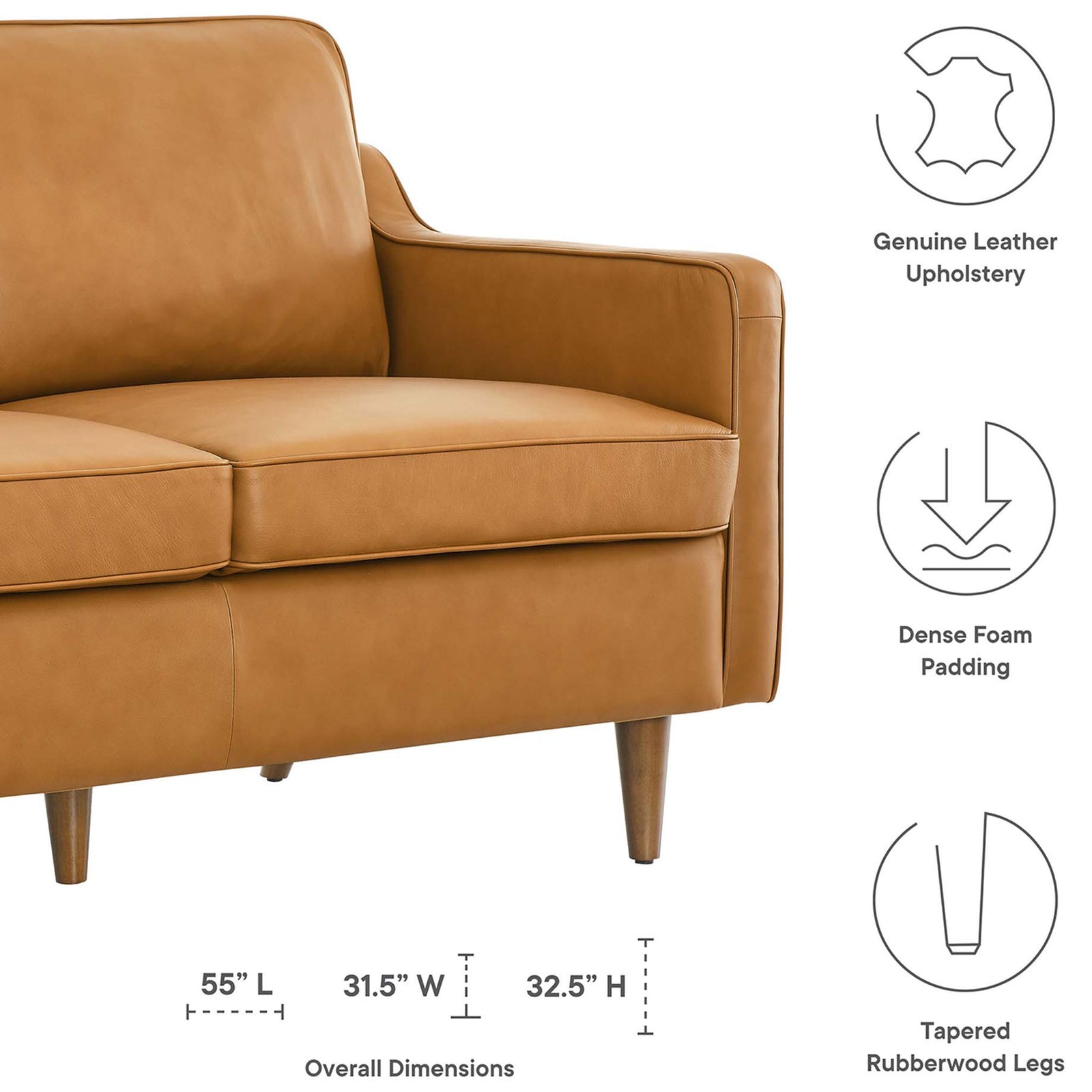 Genuine leather loveseat arm and seat highlighting plush cushioning, tapered legs, and key dimensions. || EEI-5554-TAN || dimension_studio
