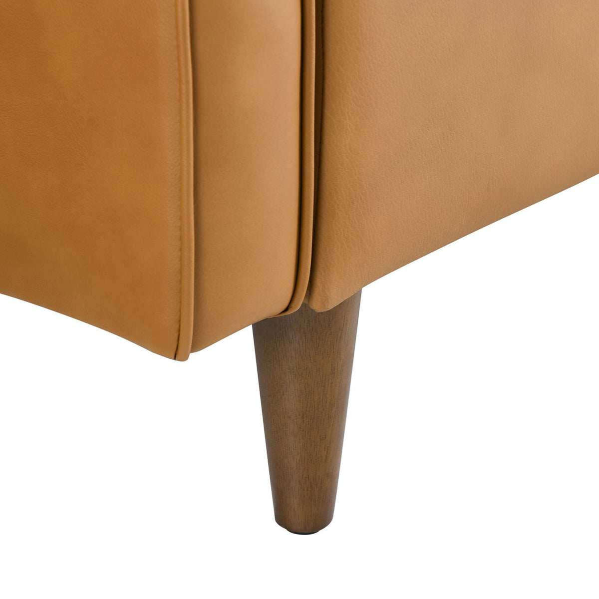 Walnut-stained rubberwood leg with tailored tan leather upholstery and refined seaming. || EEI-5554-TAN || leg_studio