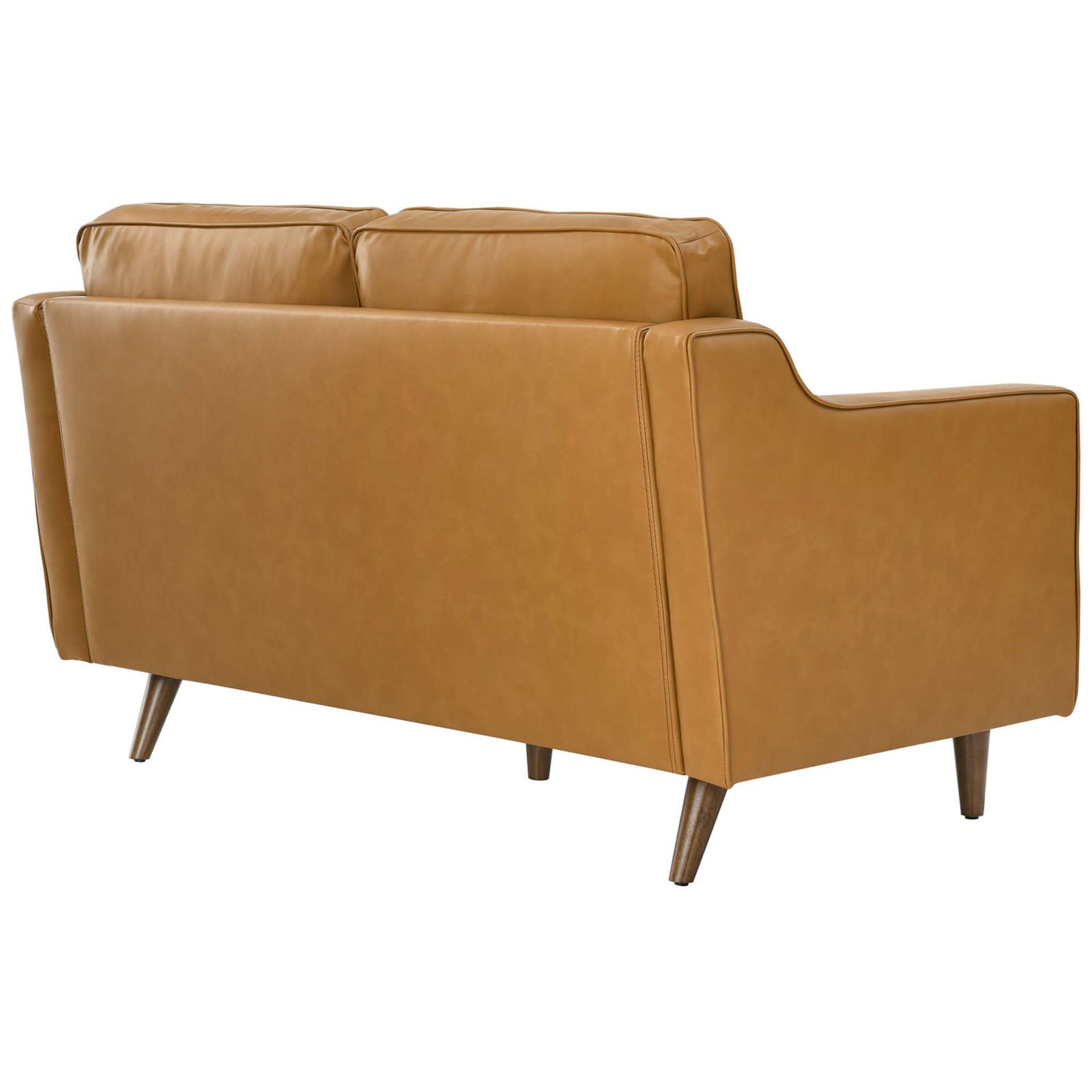 Tan leather loveseat back with clean lines, welted seams, and tapered mid-century wood legs. || EEI-5554-TAN || back_angle_studio