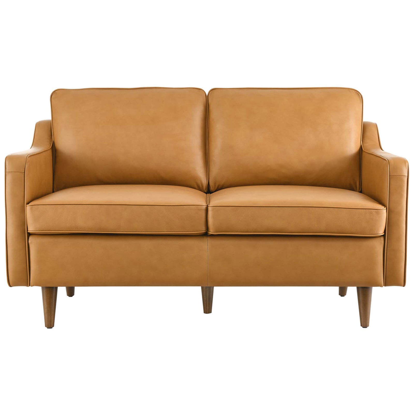 Tan genuine leather loveseat with two box cushions and neatly tailored track arms. || EEI-5554-TAN || front_studio