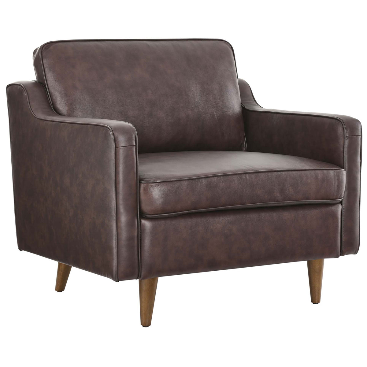 Mid-century silhouette in brown genuine leather with curved arms, supportive seat, and tapered wood legs || EEI-5555-BRN || front_angle_studio