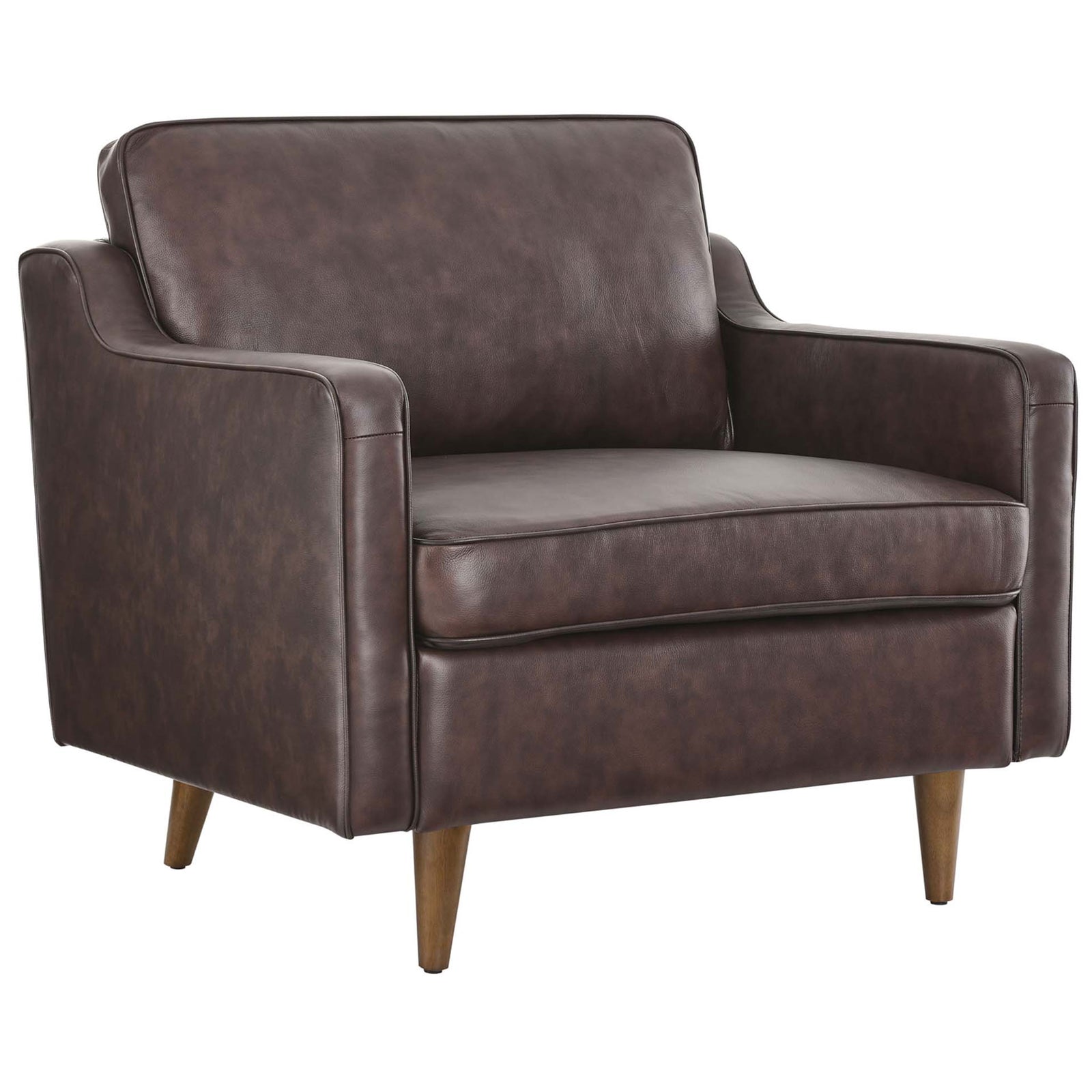Mid-century silhouette in brown genuine leather with curved arms, supportive seat, and tapered wood legs || EEI-5555-BRN || front_angle_studio