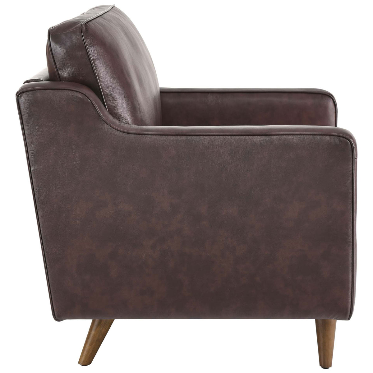 Slim profile armchair in top-grain brown leather with sloping arms and deep seat for relaxed comfort || EEI-5555-BRN || side_studio