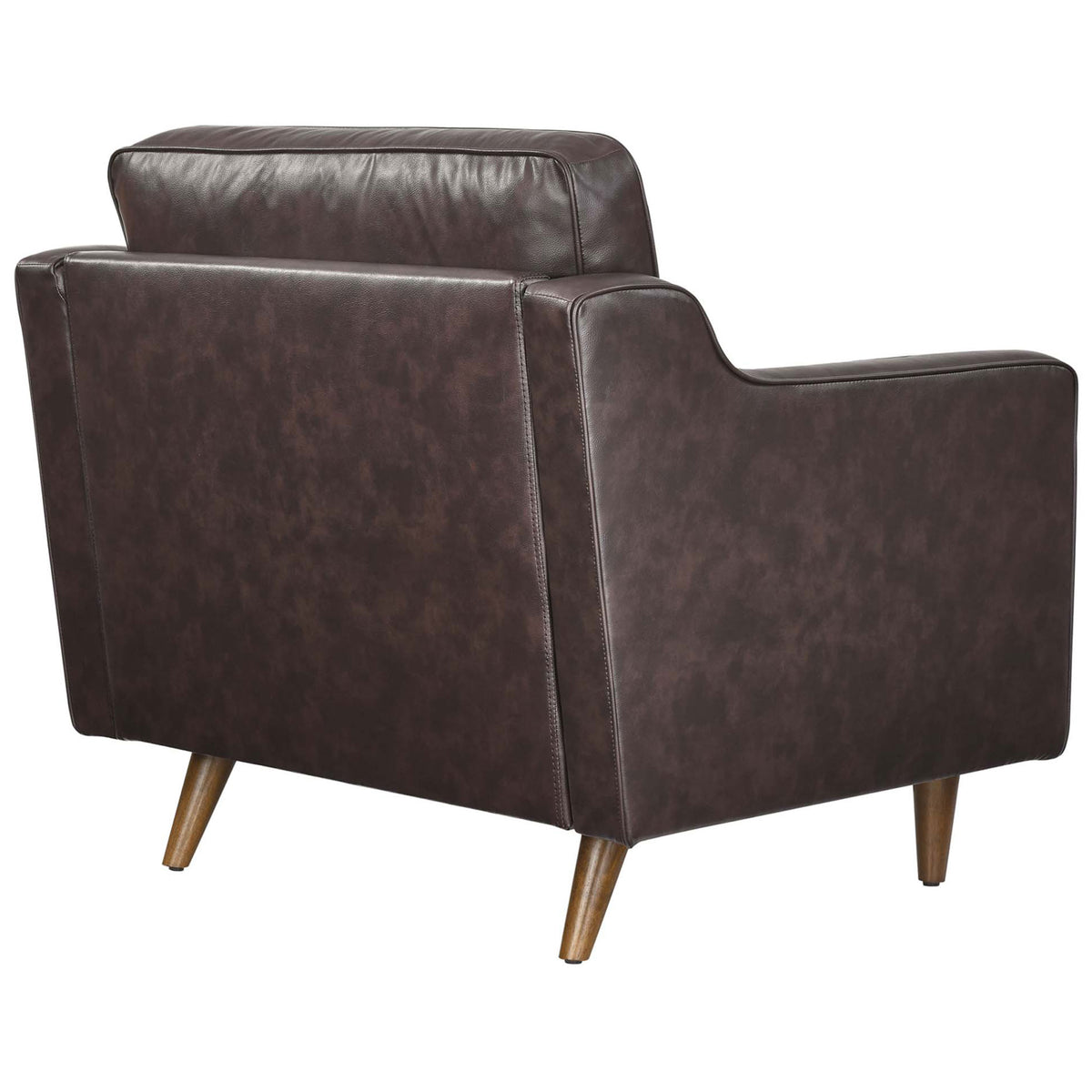 Tailored back and clean lines in rich brown leather, finished with walnut-tone tapered legs || EEI-5555-BRN || back_angle_studio
