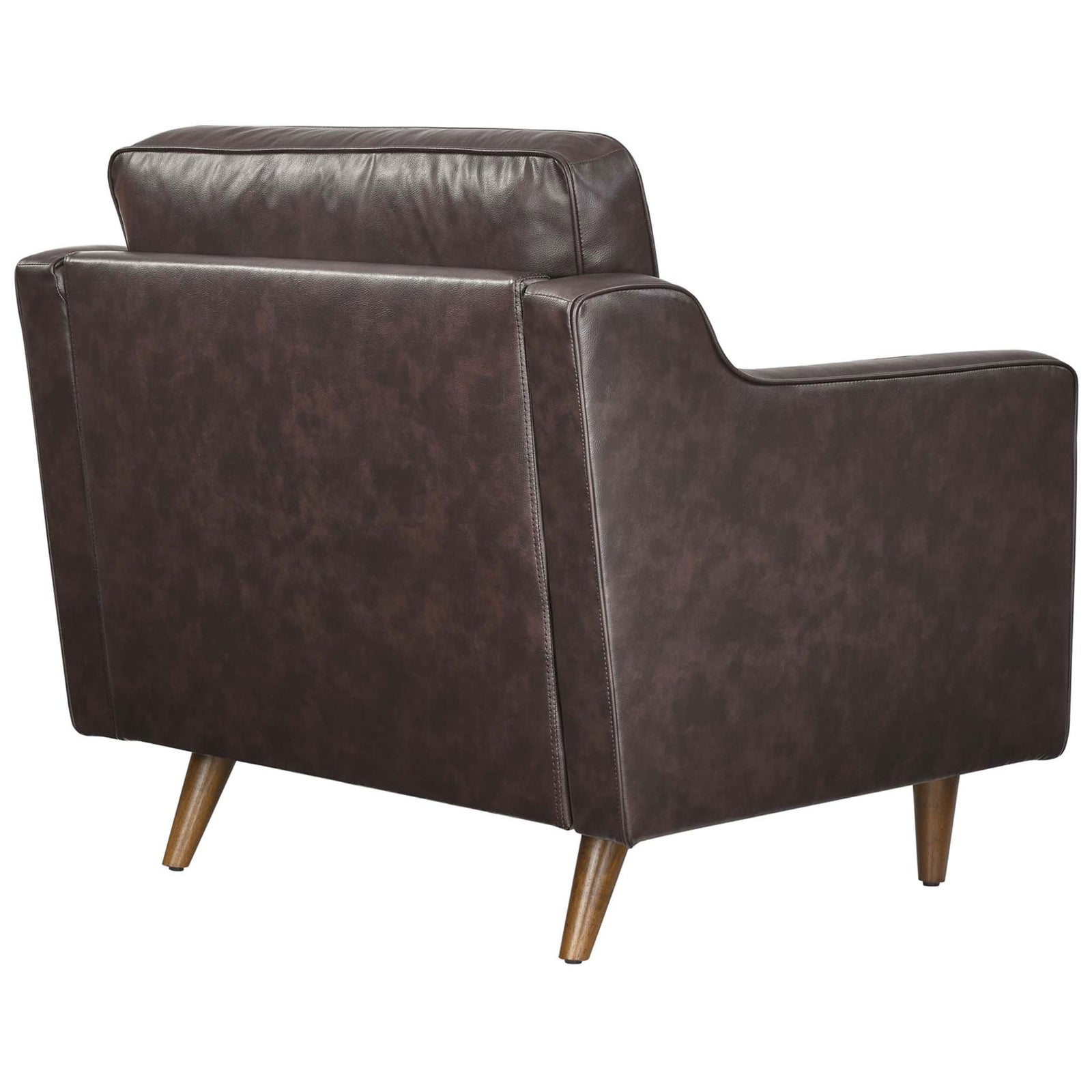 Tailored back and clean lines in rich brown leather, finished with walnut-tone tapered legs || EEI-5555-BRN || back_angle_studio