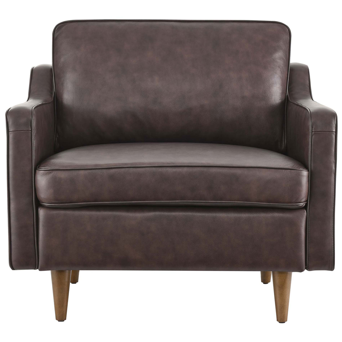Brown top-grain leather armchair with French piping, plush cushions, and walnut-stained tapered legs || EEI-5555-BRN || front_studio
