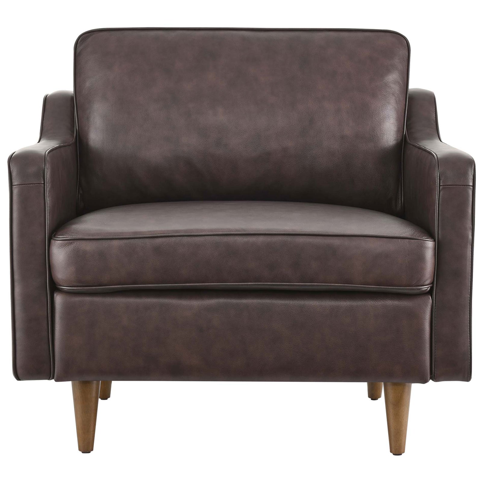 Brown top-grain leather armchair with French piping, plush cushions, and walnut-stained tapered legs || EEI-5555-BRN || front_studio