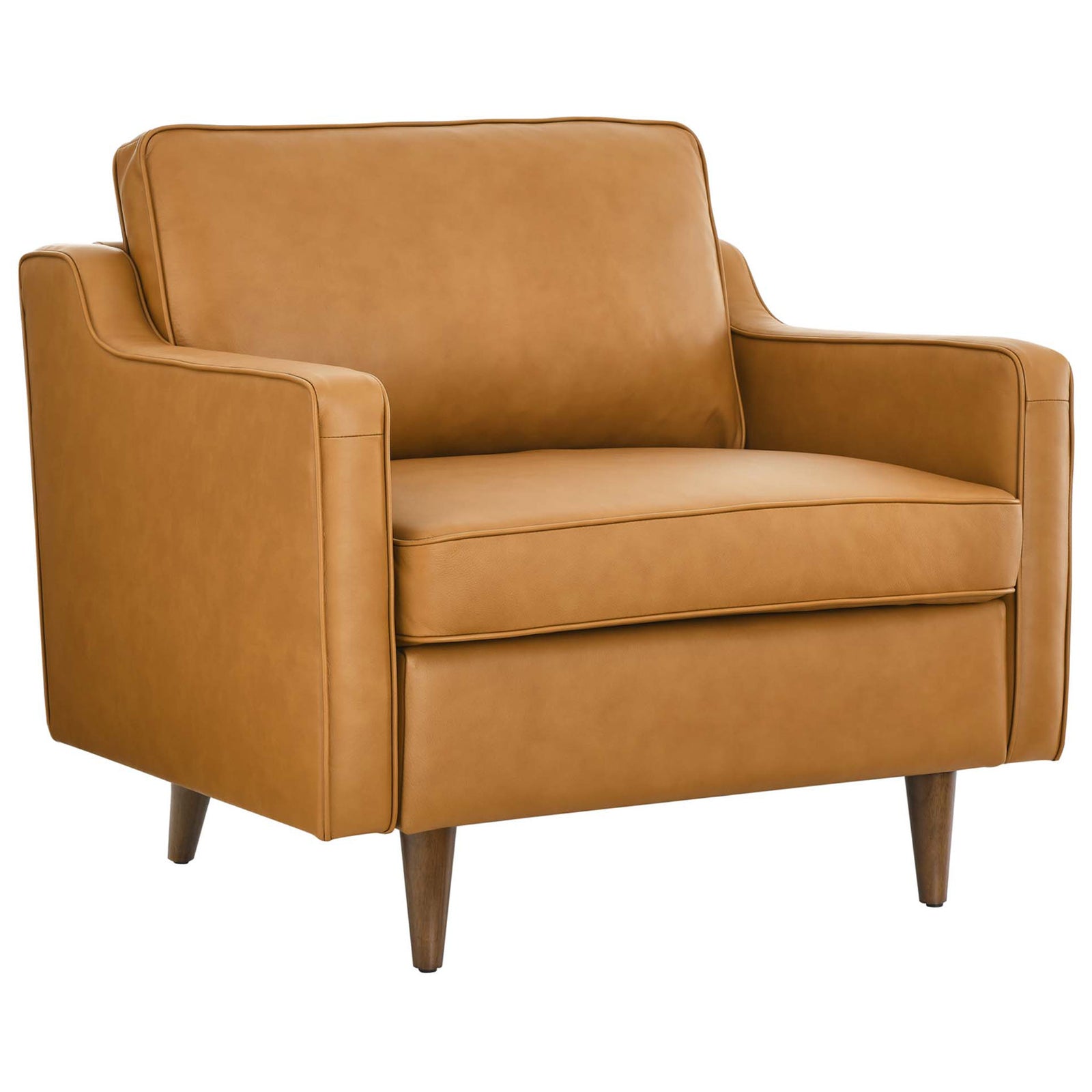 Mid-century silhouette with sloped arms and supportive cushions upholstered in top-grain tan leather || EEI-5555-TAN || front_angle_studio