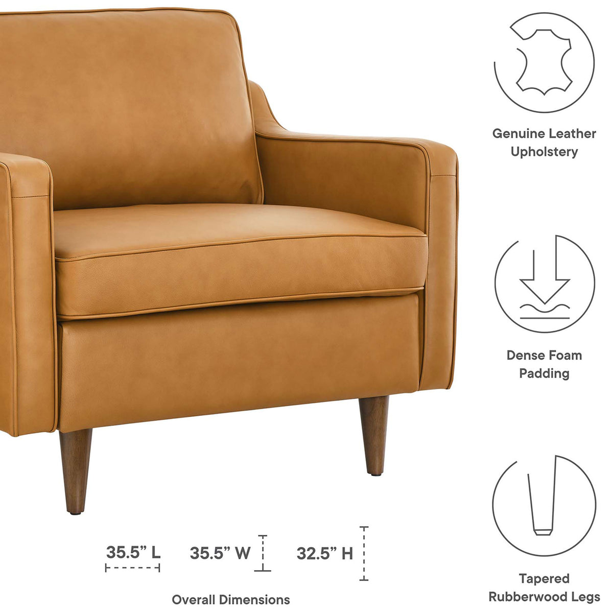 Key features include genuine leather, dense foam comfort, and sturdy tapered rubberwood legs || EEI-5555-TAN || callout_studio