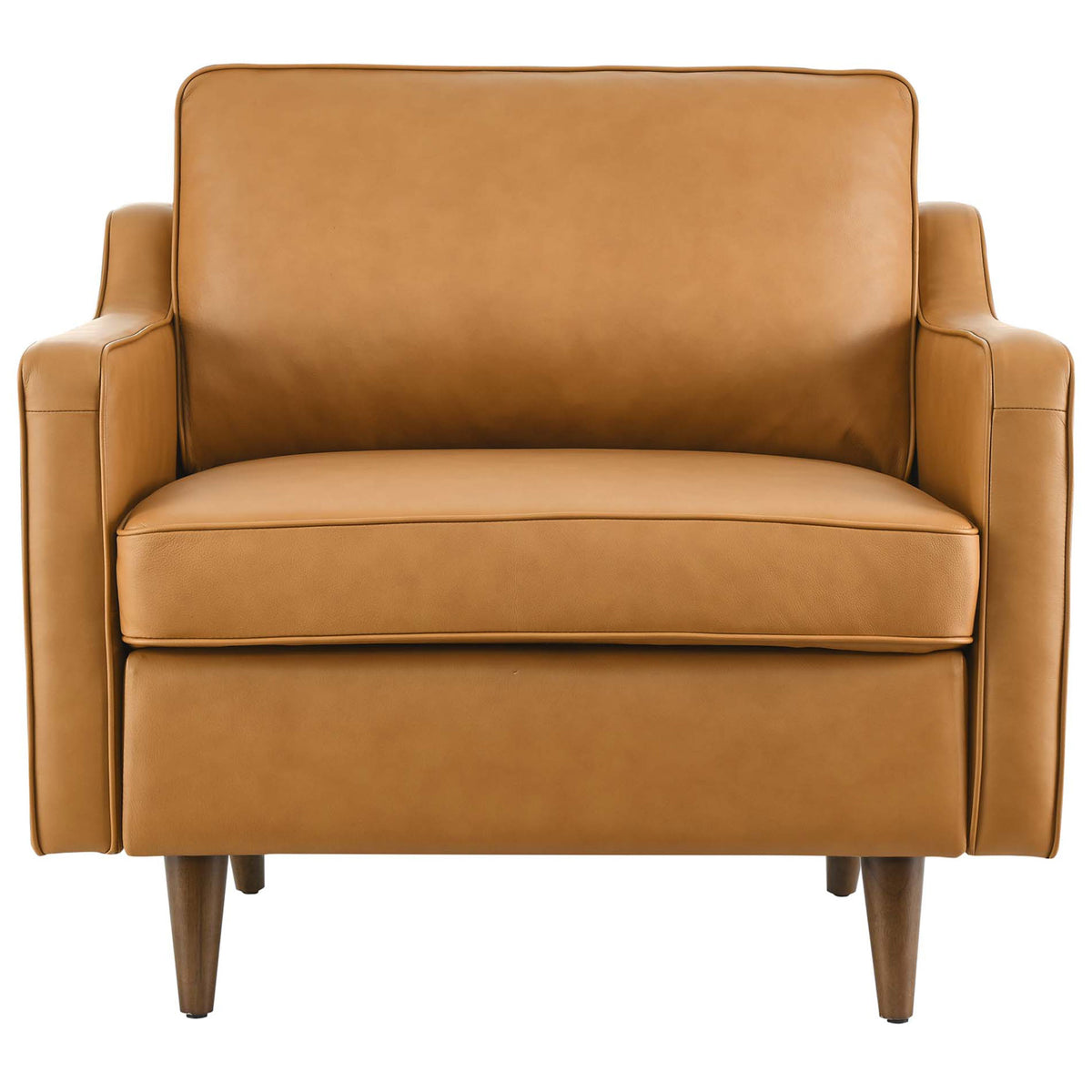 Genuine leather armchair in tan with plush seat, French piping, and tapered walnut-finished legs || EEI-5555-TAN || front_studio