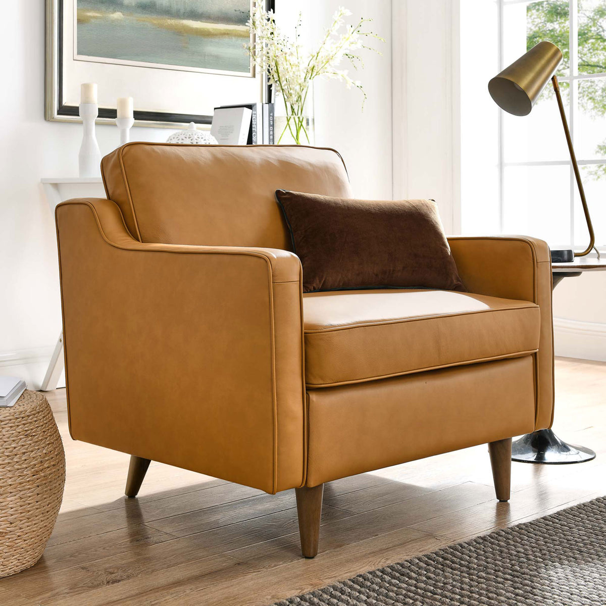 Warm tan leather adds inviting comfort and style, perfect for reading nooks or living rooms || EEI-5555-TAN || front_angle_room
