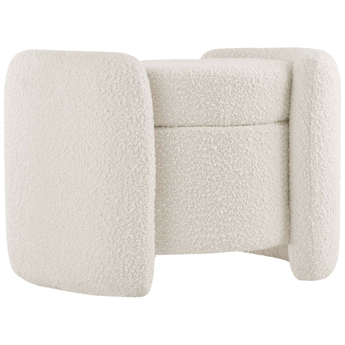 Ivory boucle storage ottoman with curved wing-like side panels and a smooth round cushioned seat || EEI-5561-IVO || front_angle_studio