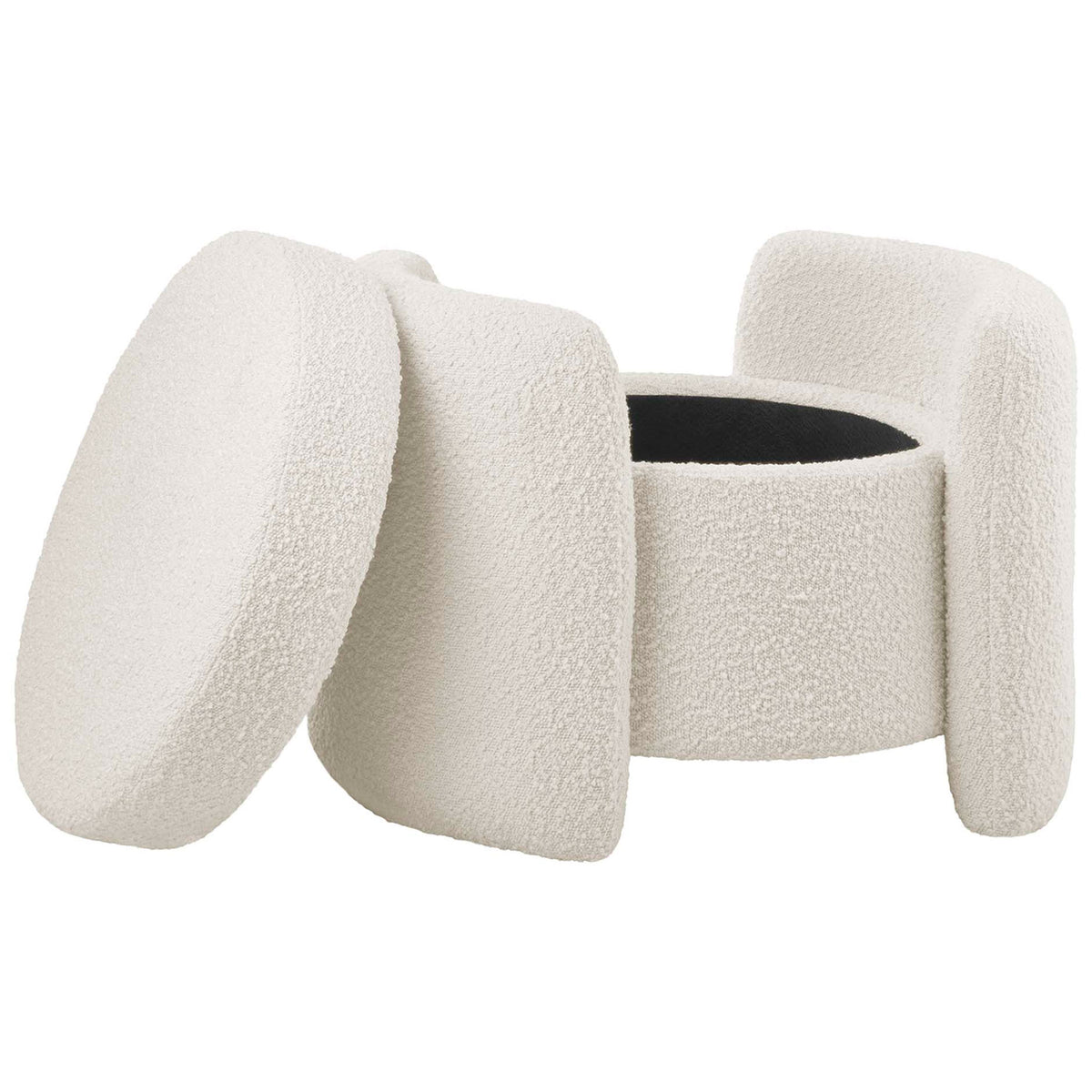 Ivory boucle ottoman with removable seat lifted to reveal roomy black-lined storage compartment || EEI-5561-IVO || front_angle_open_studio