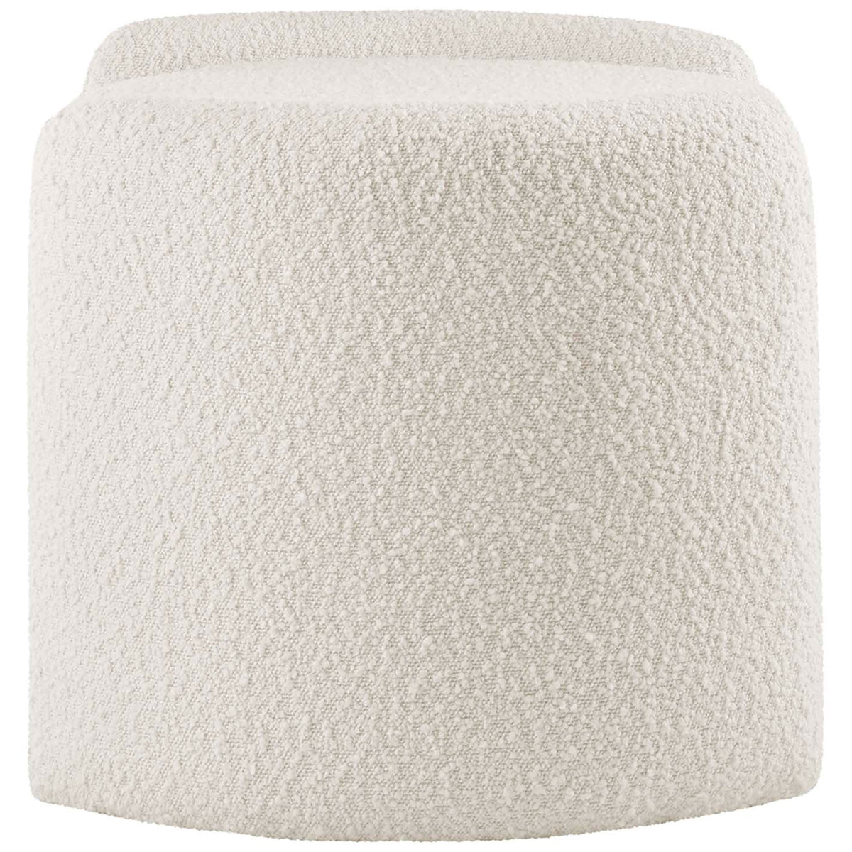 Round ivory boucle ottoman highlighting its plush textured upholstery and clean modern silhouette || EEI-5561-IVO || side_studio