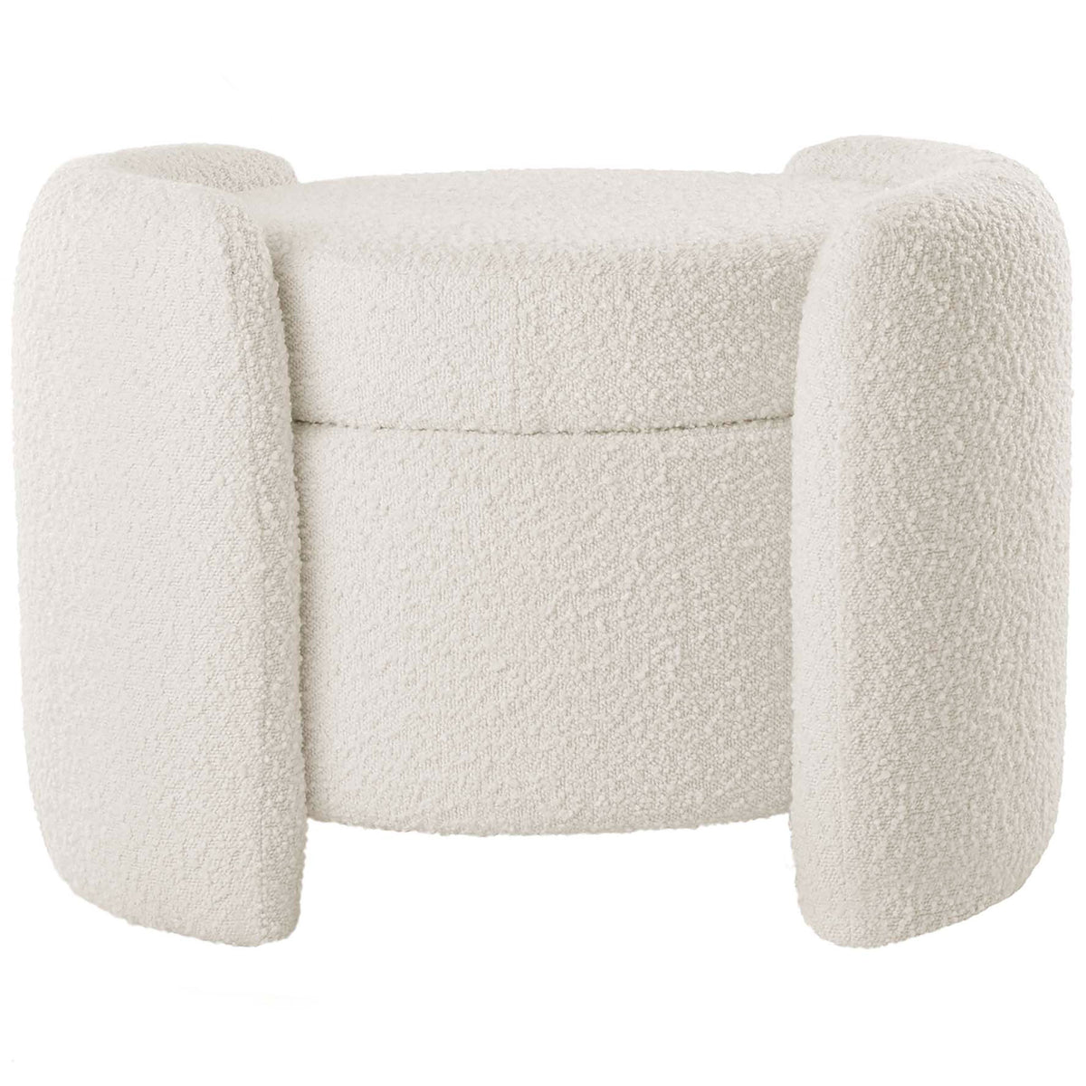 Ivory boucle storage ottoman with three sculptural panels enclosing the round cushioned seat || EEI-5561-IVO || front_studio