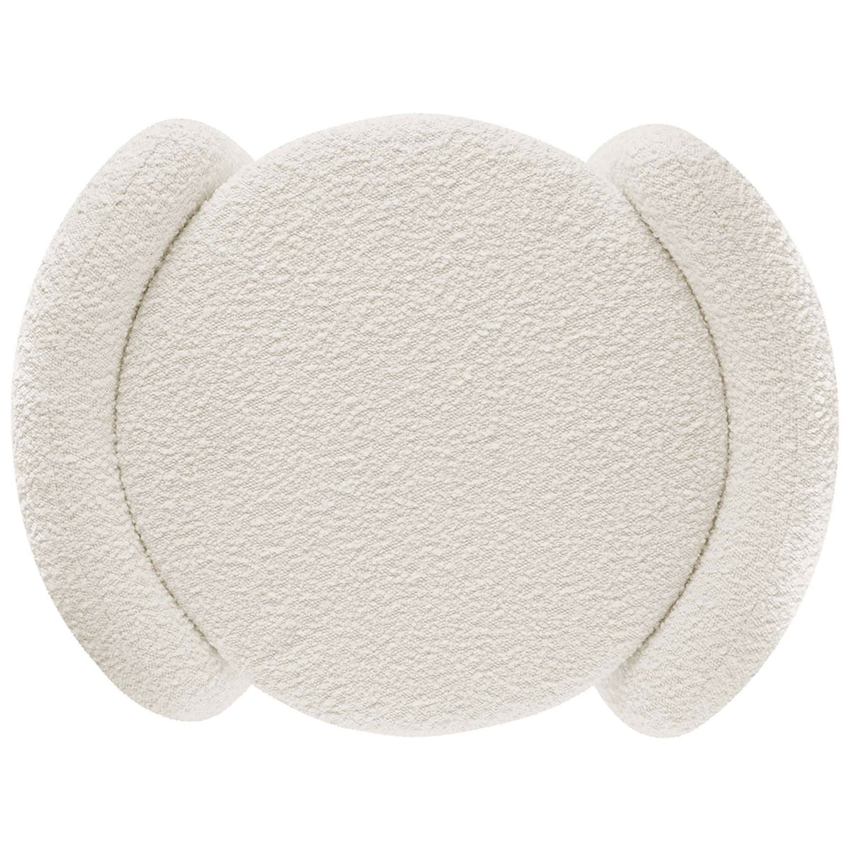 Ivory boucle ottoman emphasizing the plush circular seat and gently curved side panels all around || EEI-5561-IVO || top_studio