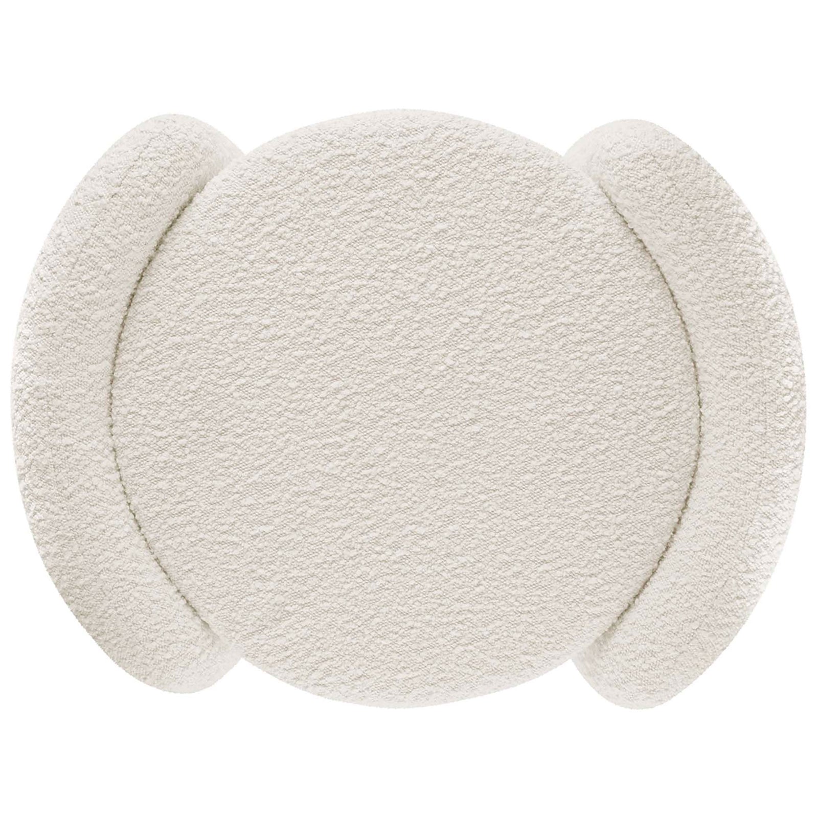 Ivory boucle ottoman emphasizing the plush circular seat and gently curved side panels all around || EEI-5561-IVO || top_studio
