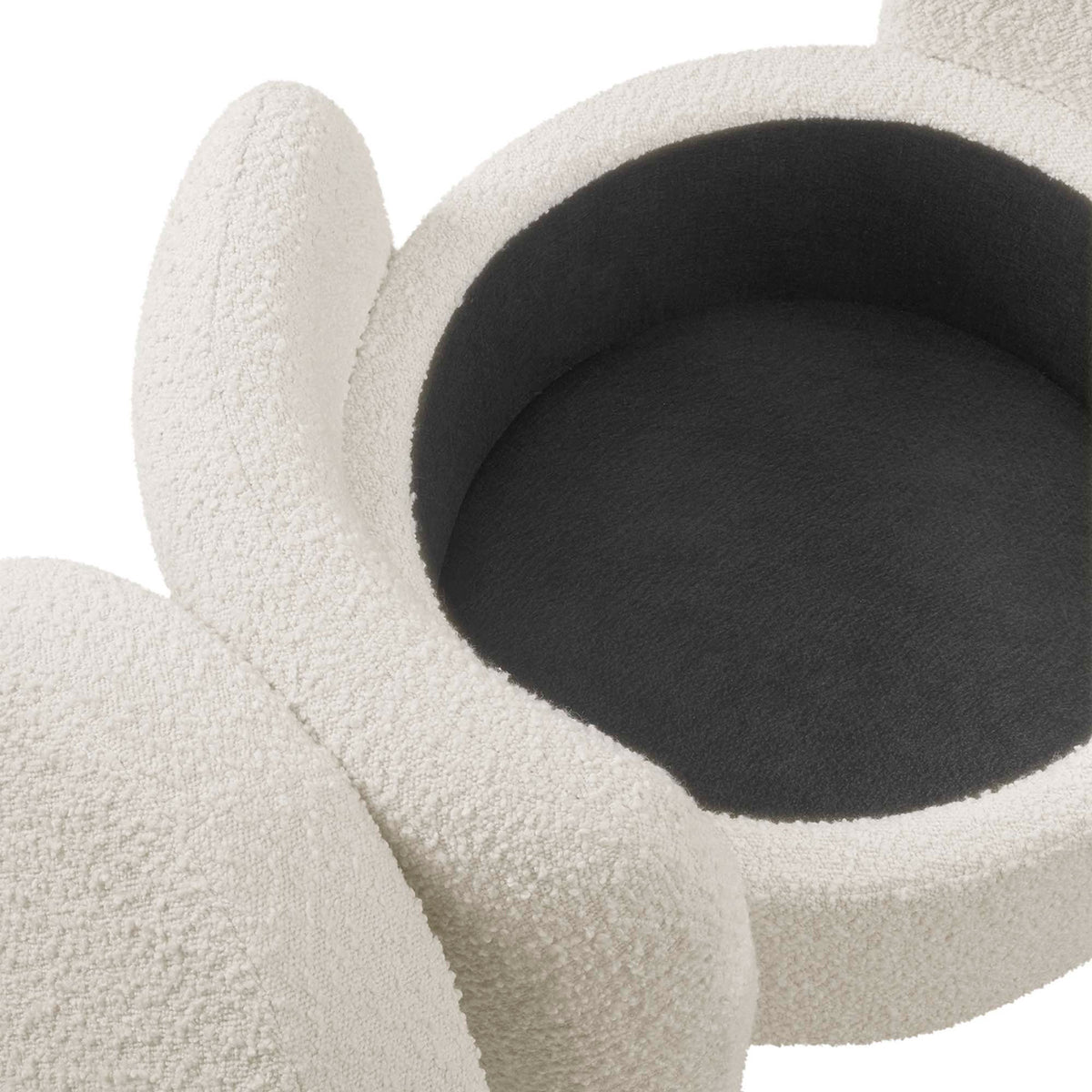 Open ivory storage ottoman showing spacious round interior lined in soft dark fabric || EEI-5561-IVO || storage_open_studio
