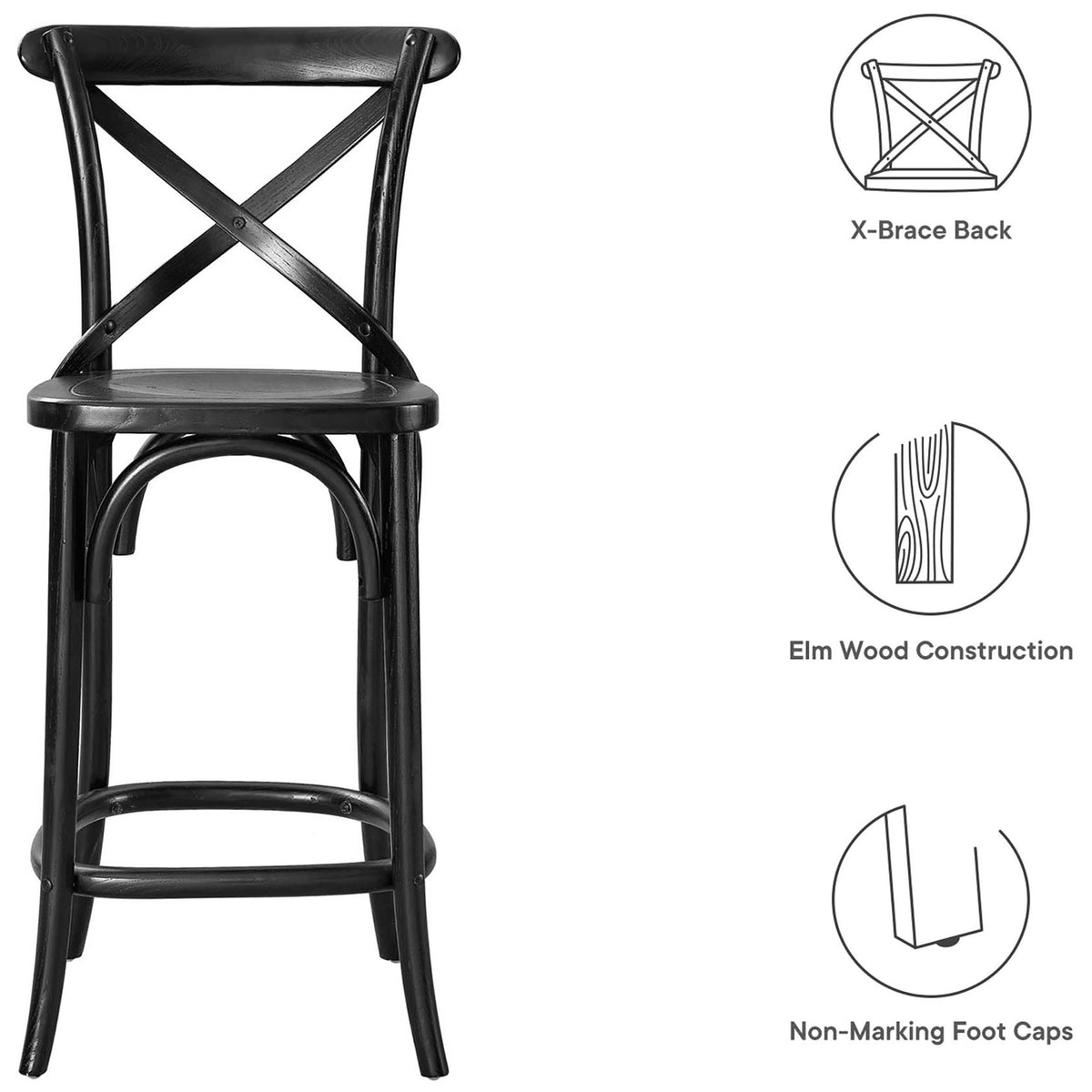 Key features include x-brace back, durable elm wood construction, and floor-friendly foot caps || EEI-5562-BLK || callout_studio