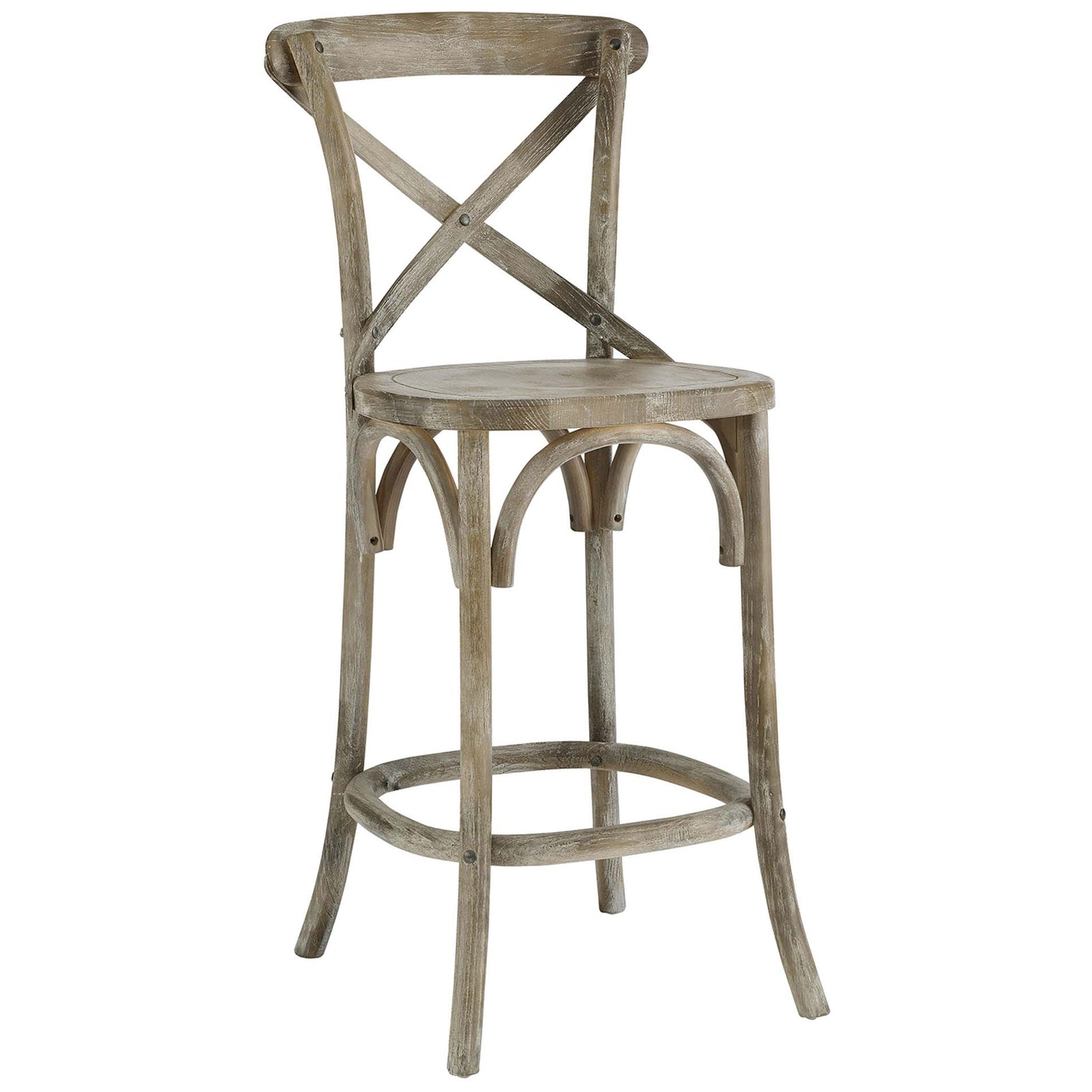 Farmhouse counter stool showcasing contoured wood seat and graceful arched supports. || EEI-5562-GRY || front_angle_studio