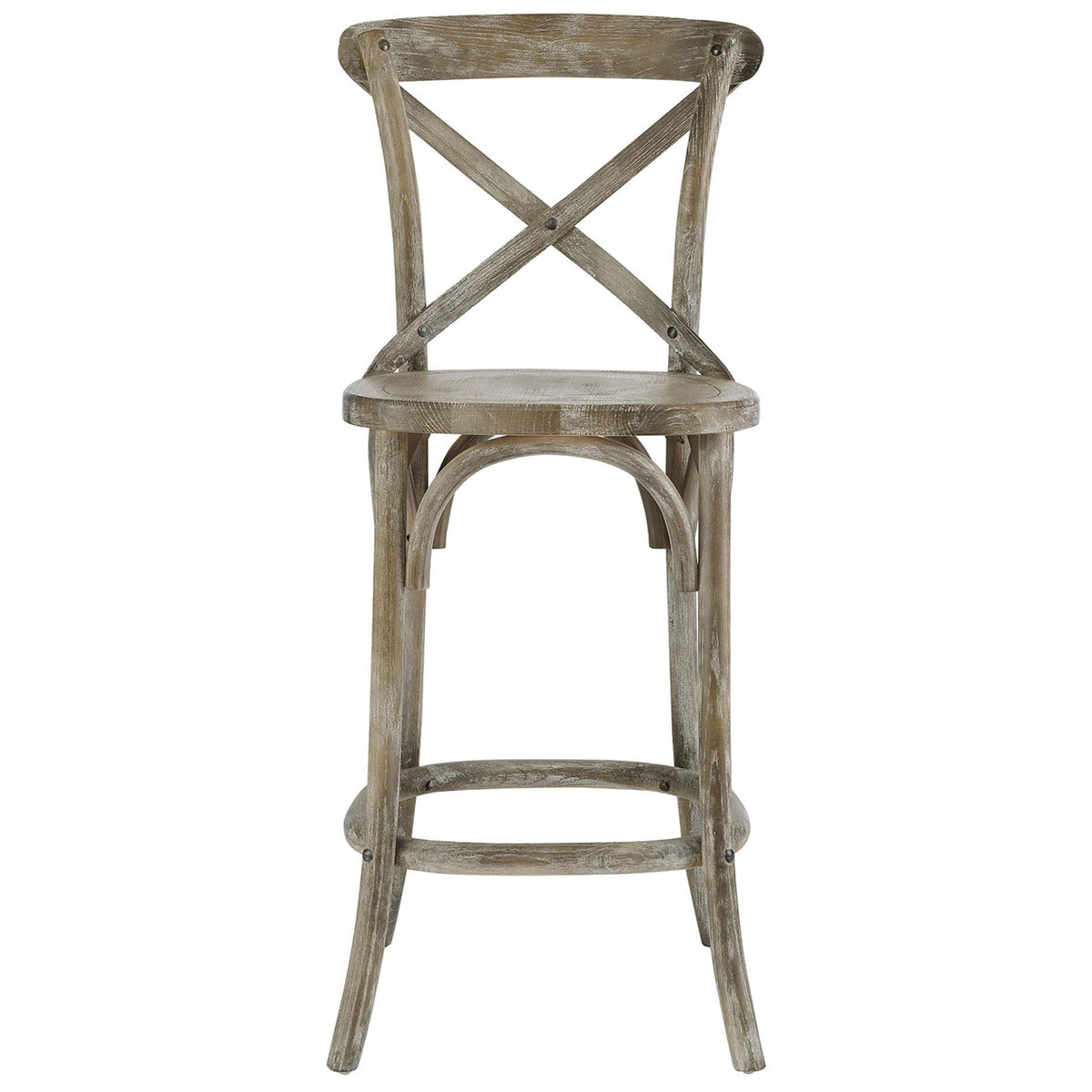 Counter stool in weathered gray elm with classic X-brace back and rounded footrest ring. || EEI-5562-GRY || front_studio