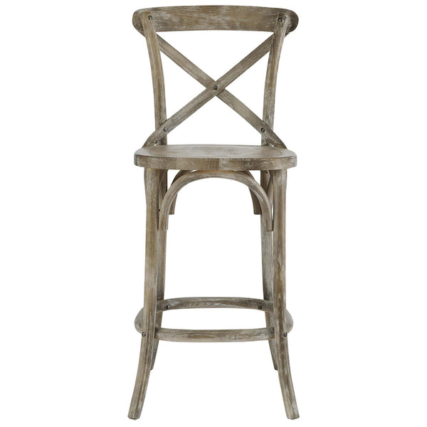 Counter stool in weathered gray elm with classic X-brace back and rounded footrest ring. || EEI-5562-GRY || front_studio