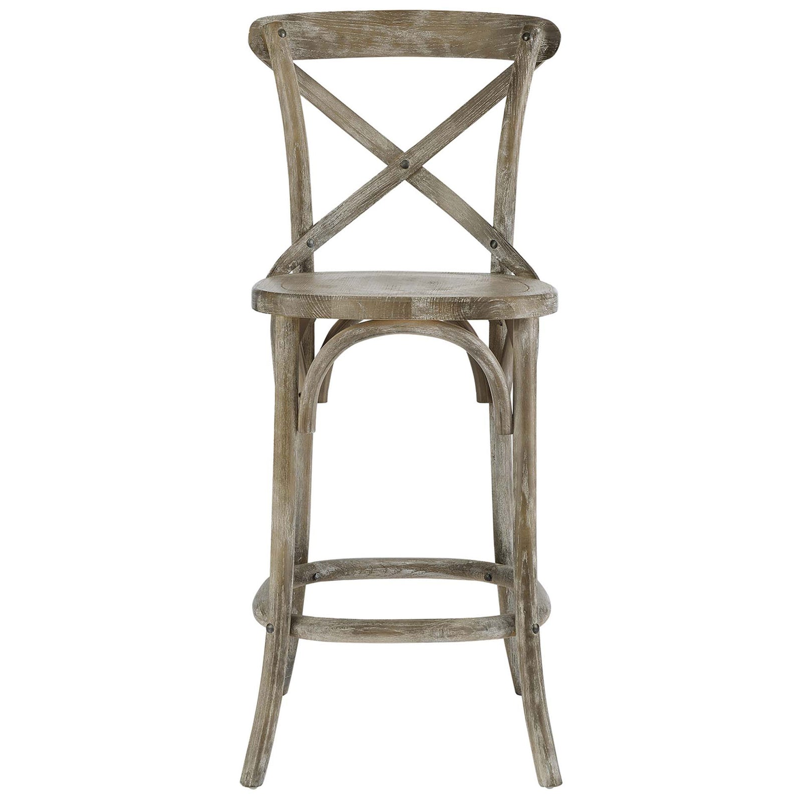 Counter stool in weathered gray elm with classic X-brace back and rounded footrest ring. || EEI-5562-GRY || front_studio
