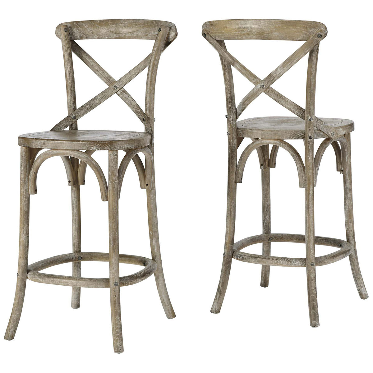 Pair of gray elm counter stools with X-brace backs and curved stretchers for rustic charm. || EEI-5562-GRY || front_angle_studio