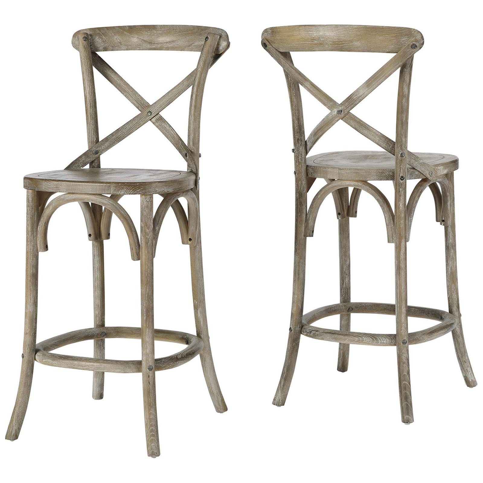 Pair of gray elm counter stools with X-brace backs and curved stretchers for rustic charm. || EEI-5562-GRY || front_angle_studio
