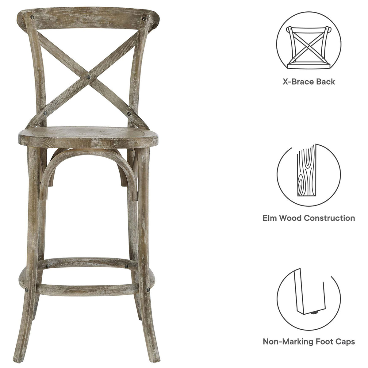 Key features include X-brace back, solid elm construction, and non-marking foot caps. || EEI-5562-GRY || callout_studio