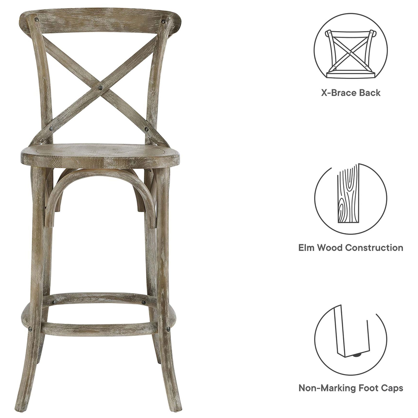 Key features include X-brace back, solid elm construction, and non-marking foot caps. || EEI-5562-GRY || callout_studio