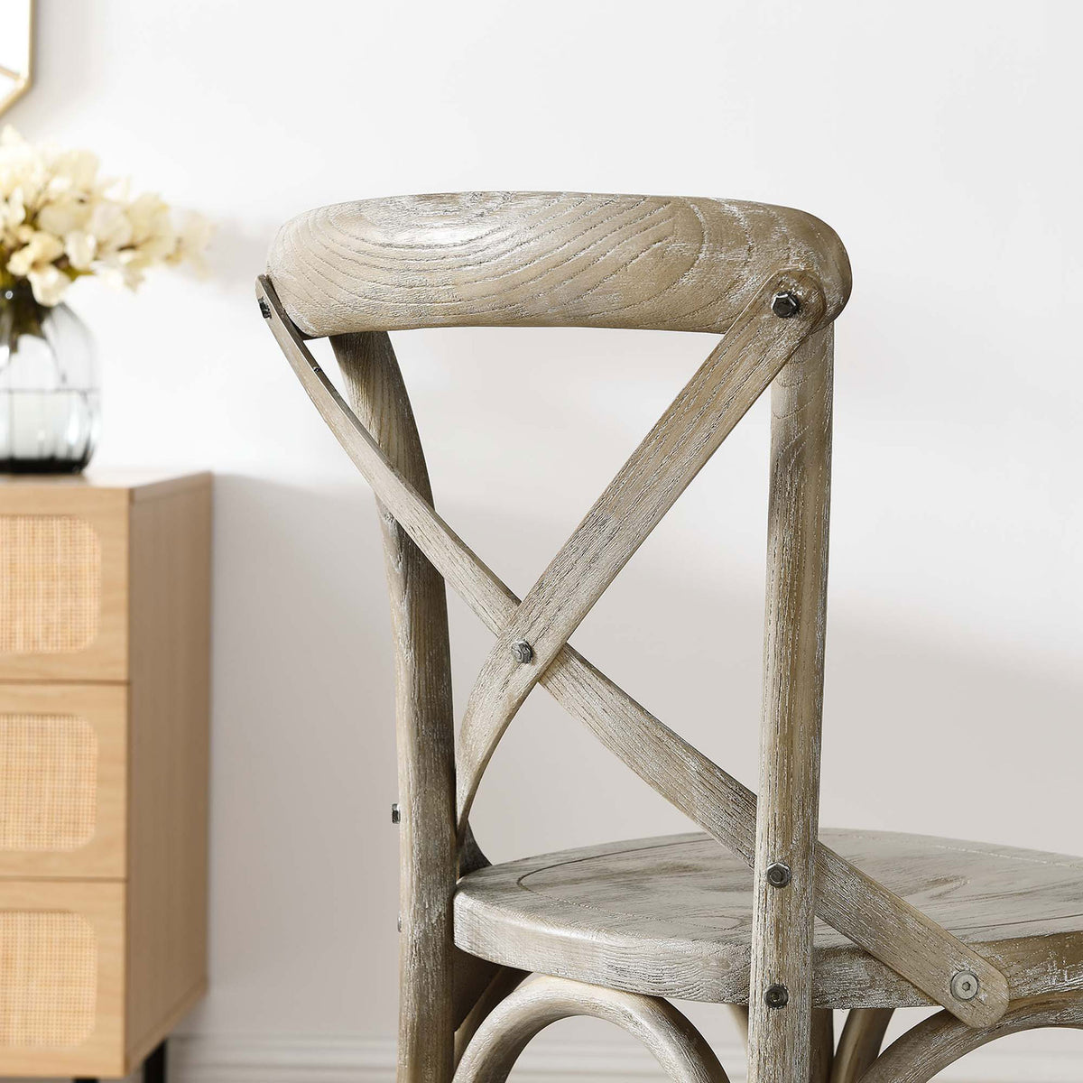 X-back and rich wood grain underscore the stool's quality craftsmanship. || EEI-5562-GRY || detail_room