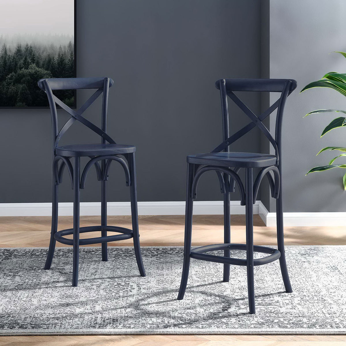 Bring coordinated farmhouse flair with two midnight blue counter stools and arched accents. || EEI-5562-MID || front_angle_room