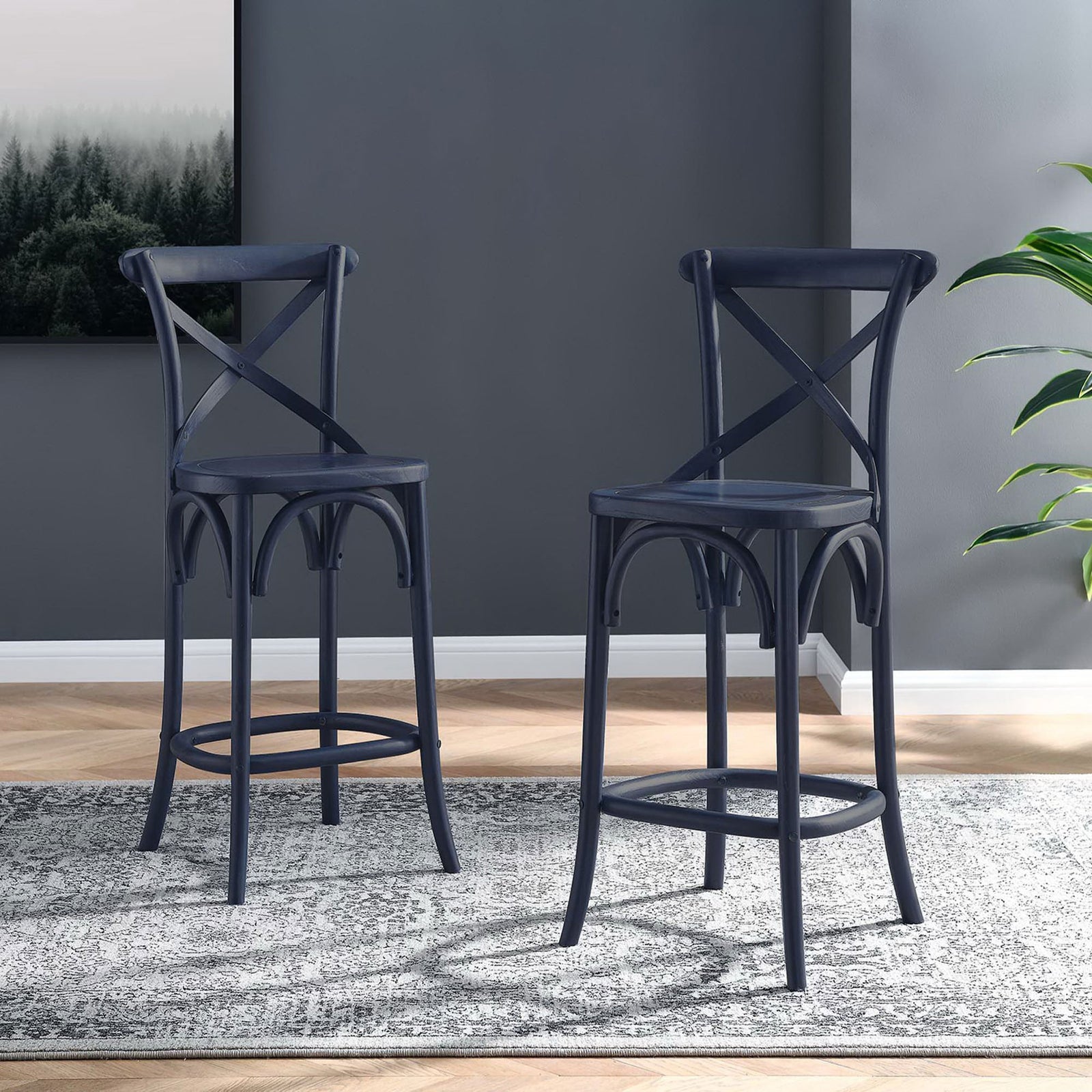 Bring coordinated farmhouse flair with two midnight blue counter stools and arched accents. || EEI-5562-MID || front_angle_room