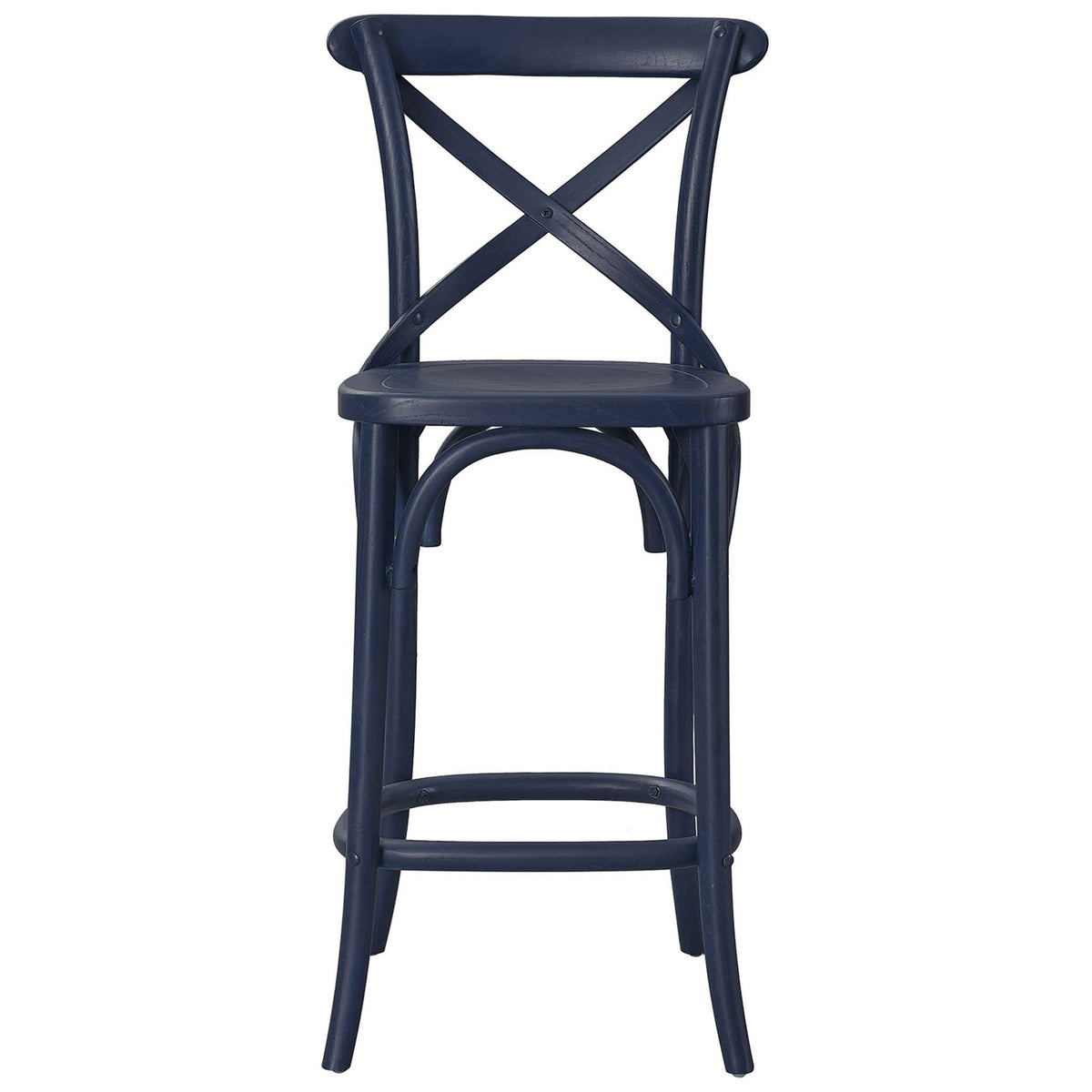 Midnight blue counter stool with X-brace back, arched supports, and a rounded footrest. || EEI-5562-MID || front_studio