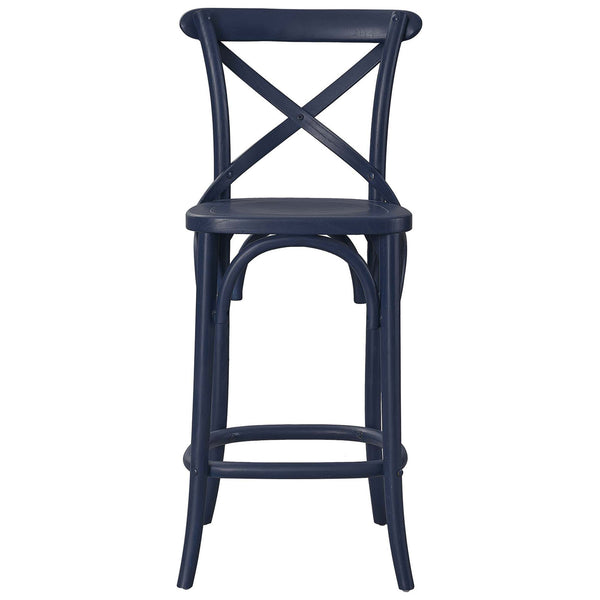 Midnight blue counter stool with X-brace back, arched supports, and a rounded footrest. || EEI-5562-MID || front_studio