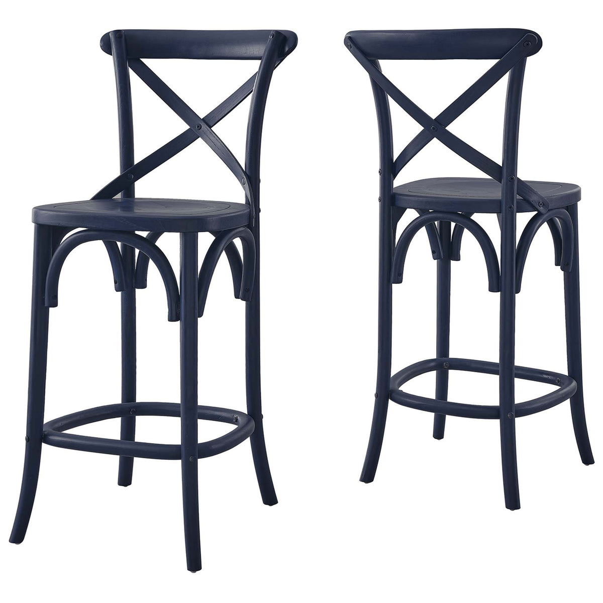 Pair of midnight blue counter stools showcasing cross backs and graceful arched under-seat supports. || EEI-5562-MID || front_angle_studio