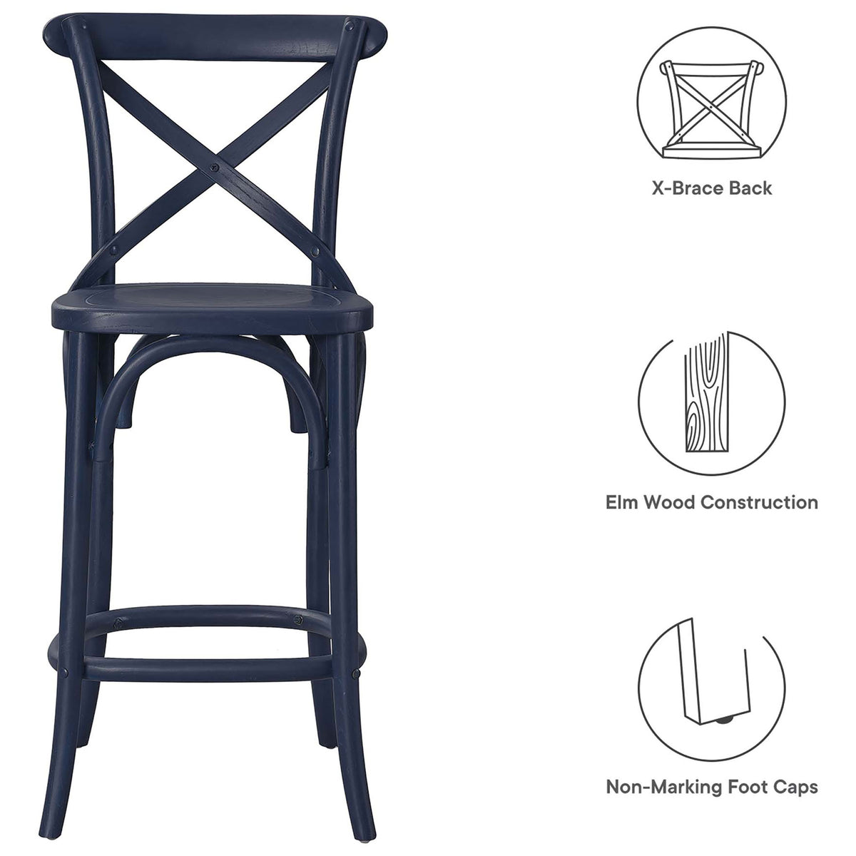 Elm wood counter stool with X-back support and protective foot caps for floors. || EEI-5562-MID || callout_studio