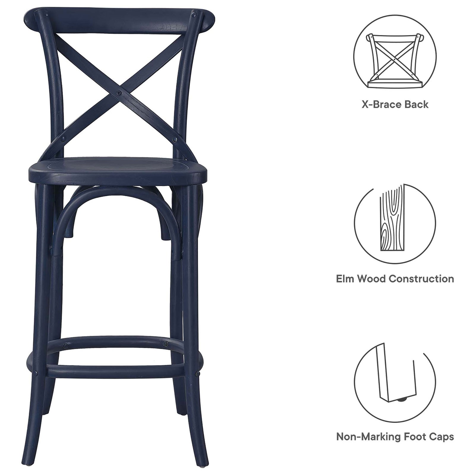 Elm wood counter stool with X-back support and protective foot caps for floors. || EEI-5562-MID || callout_studio